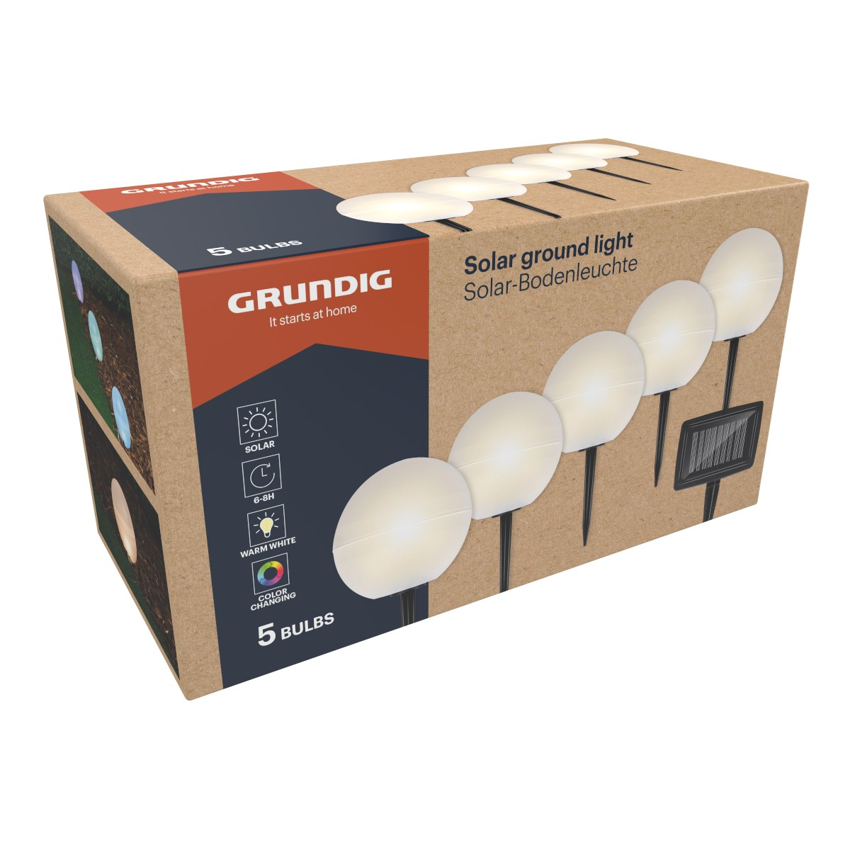Packaging for 5 Grundig solar ground lights with warm white light.