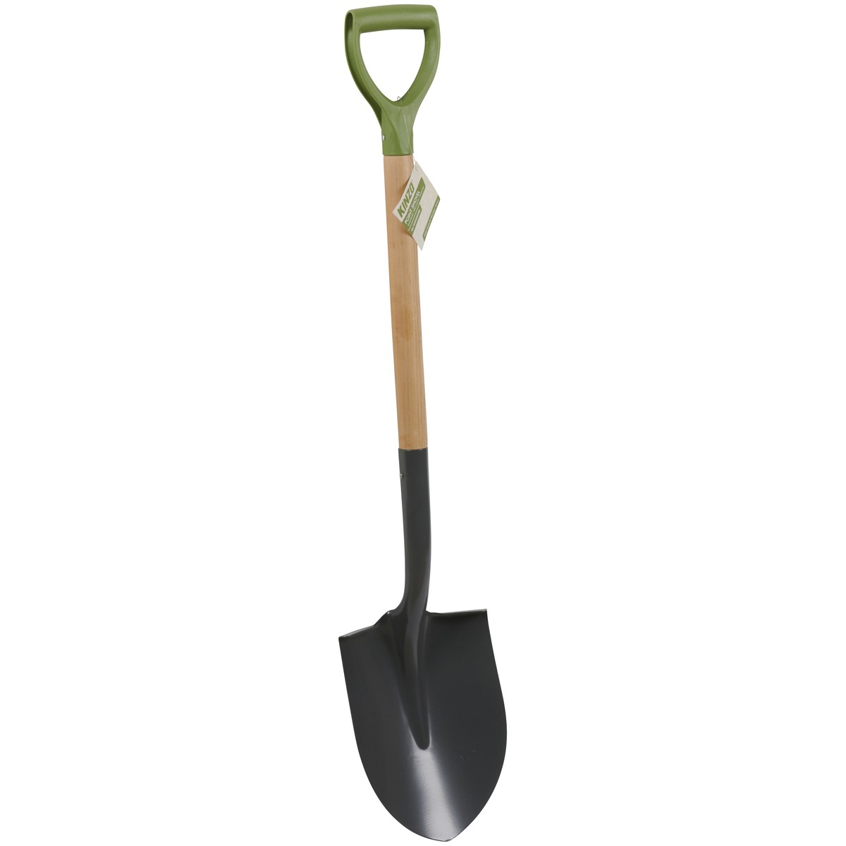 A garden shovel with a green D-handle, wooden shaft, and dark metal blade.