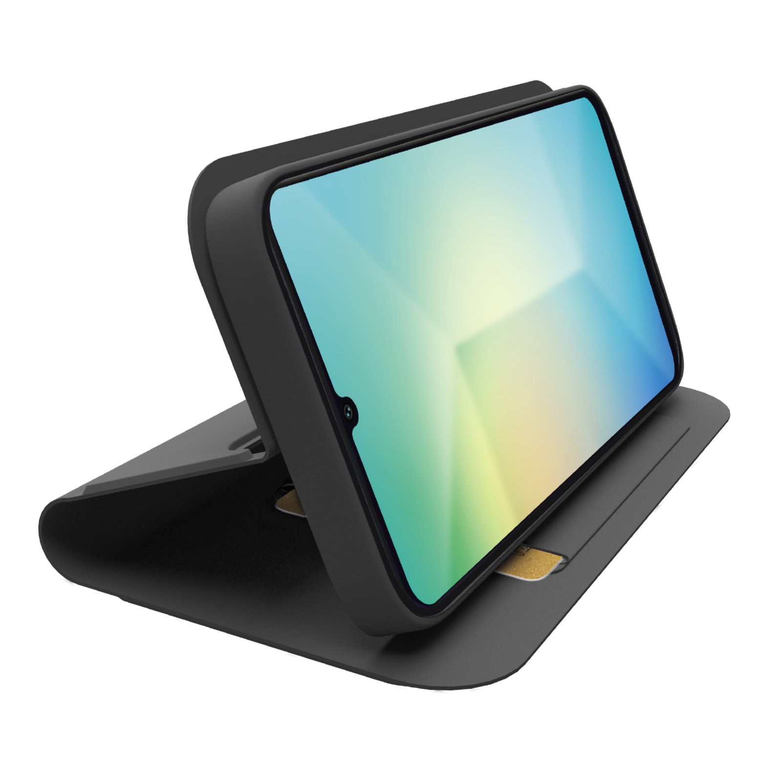 Un smartphone negro en una funda tipo libro, sobre fondo blanco.