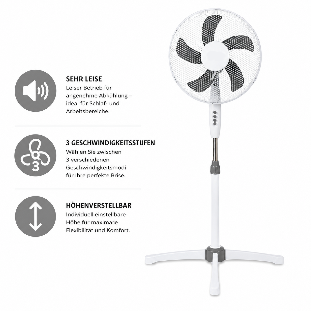 Weißer Standventilator mit drei Symbolen: Lautstärke, Lüftergeschwindigkeit, Höhenverstellung.