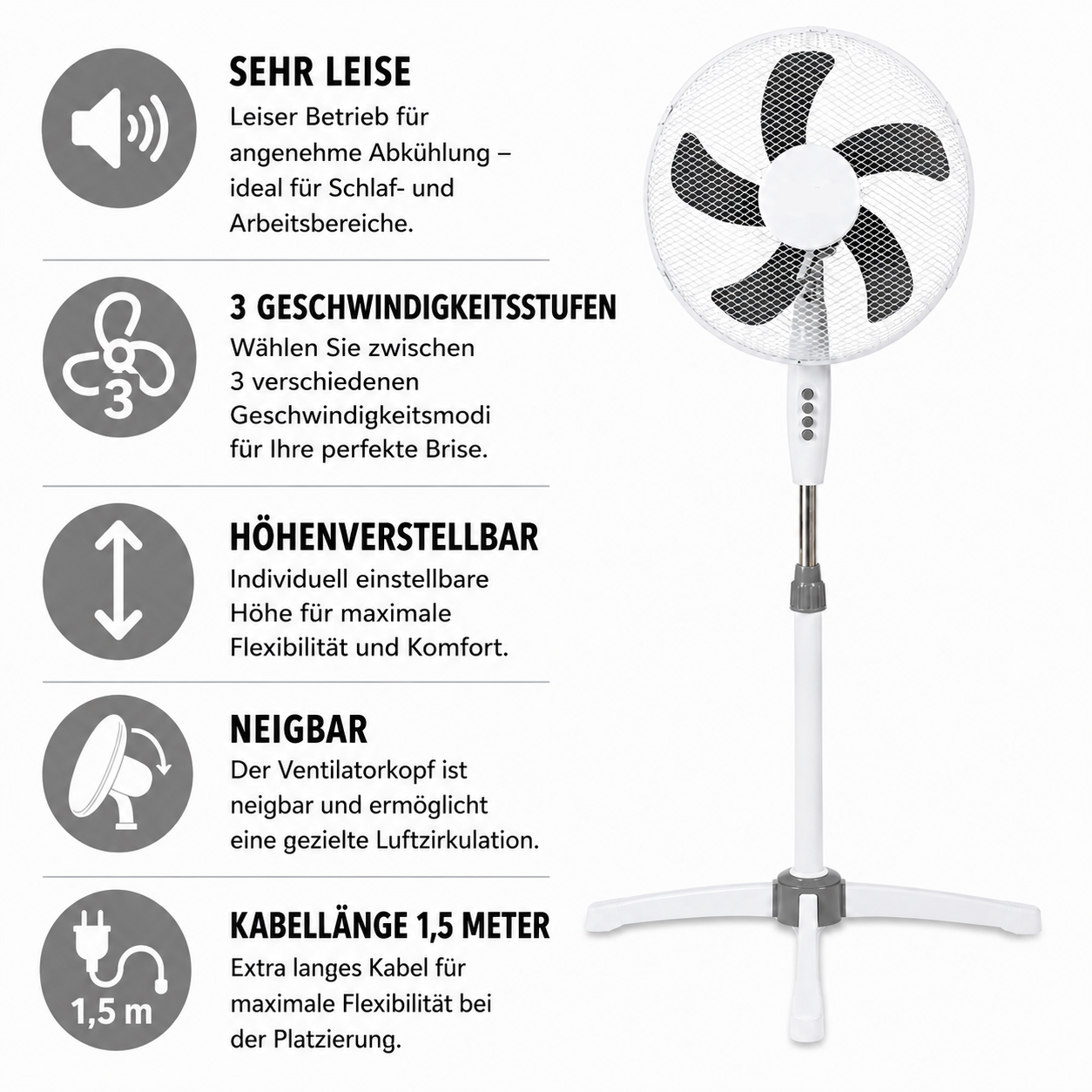 Ein weißer Standventilator mit stufenloser Höhenverstellung, 3 Geschwindigkeitsstufen, Neigefunktion und 1,5m Kabel.