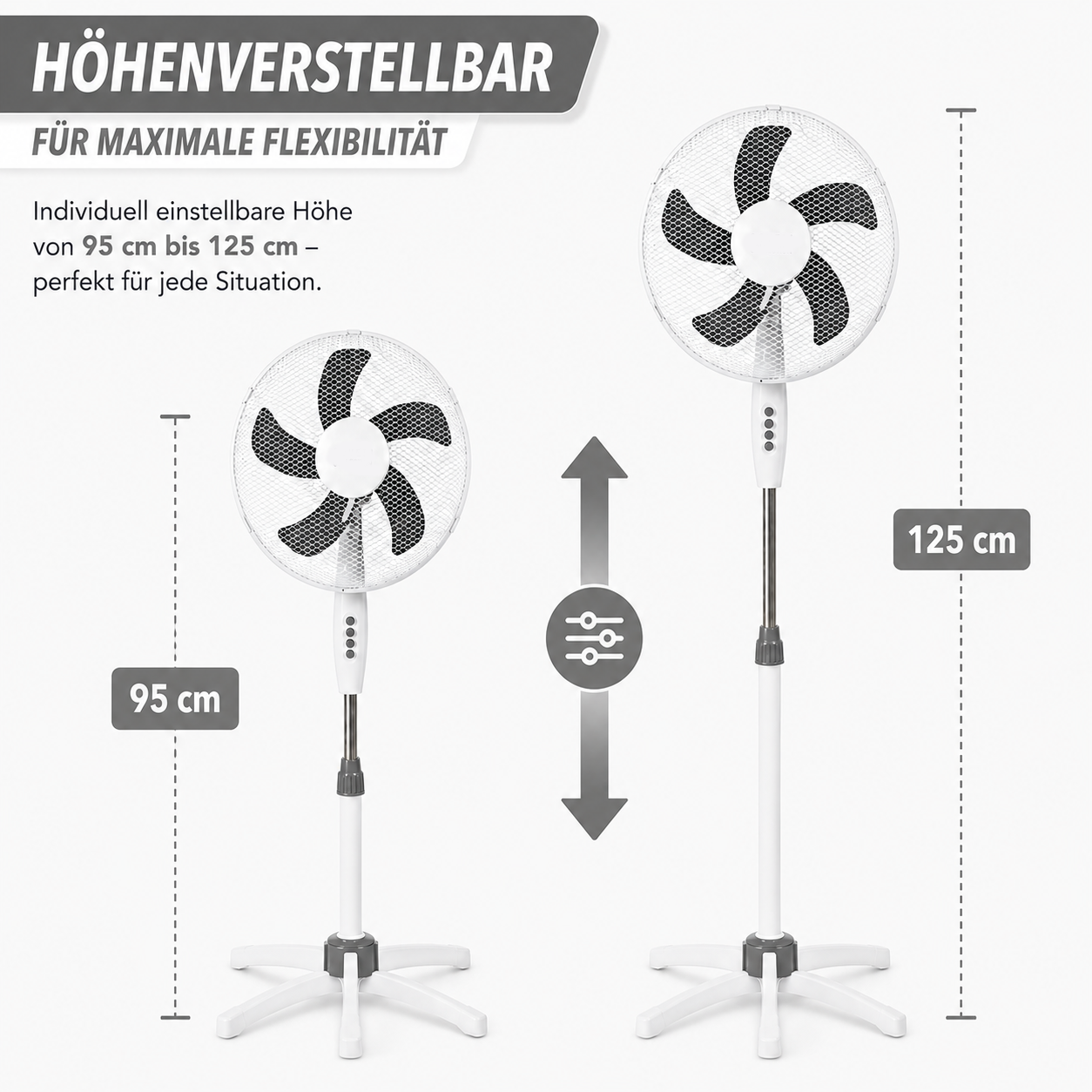 Zwei weiße Standventilatoren, ein hoher, ein niedriger, Höhenangaben 95 und 125 cm.