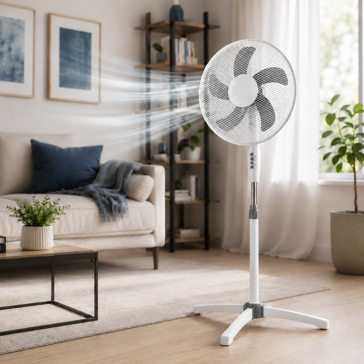 Ein weißer Standventilator mit wehenden Luftströmen steht im Wohnzimmer neben einem Sofa.