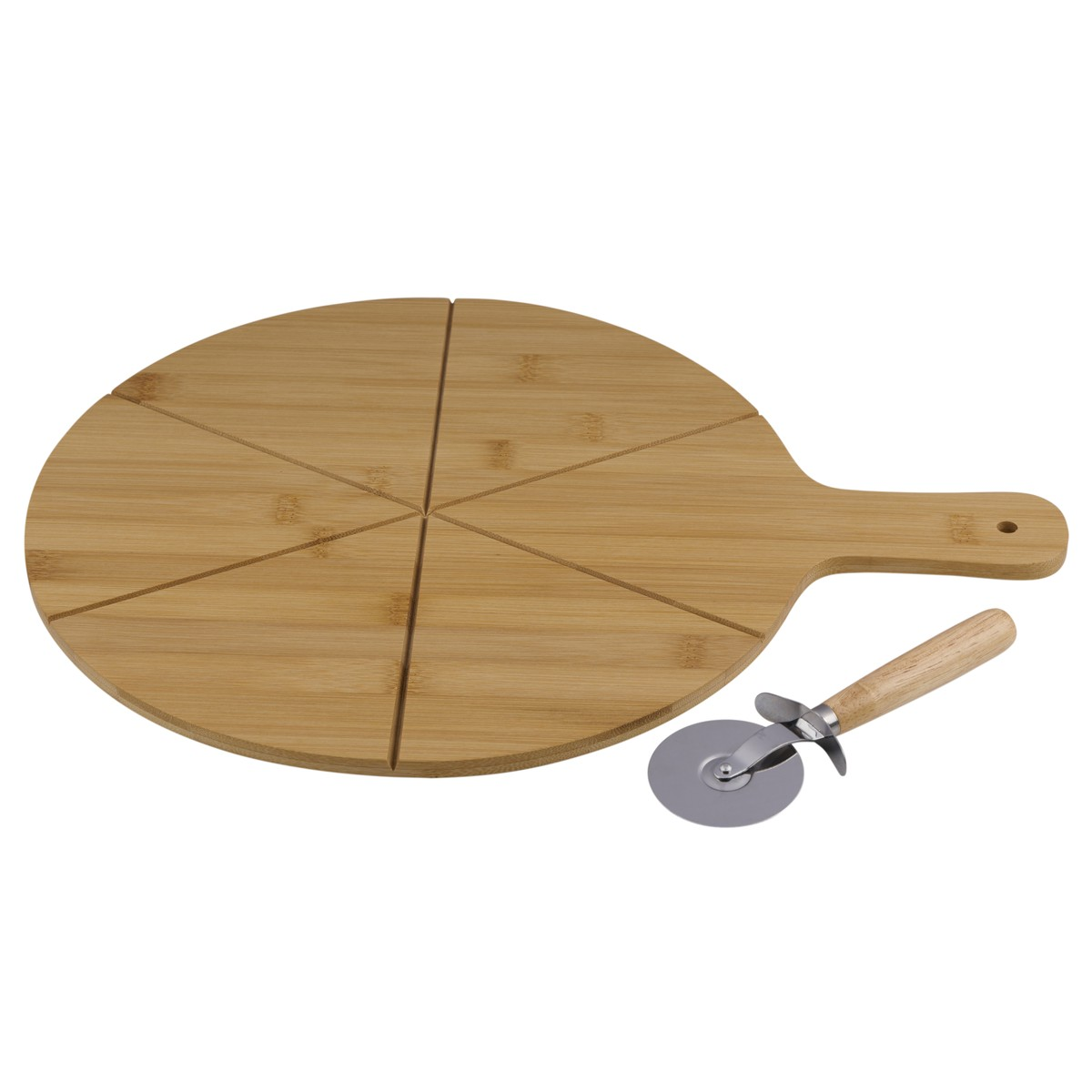 Un tagliere rotondo in bambù per pizza con manico e rotella.