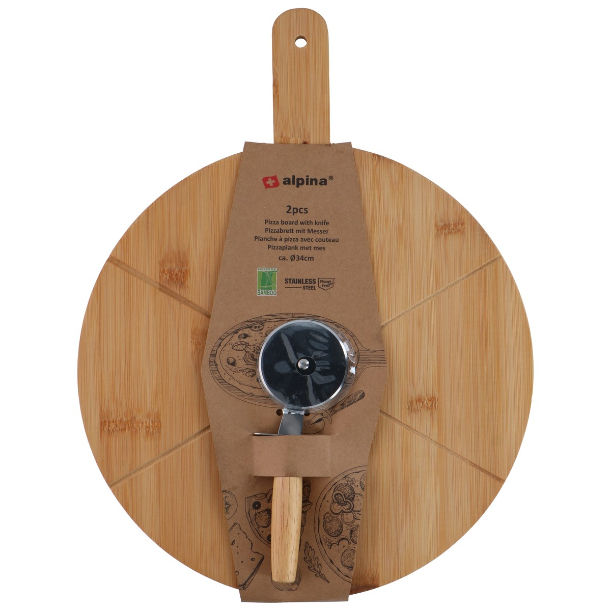 Tagliere per pizza in bambù con manico e rotella per pizza, Ø34cm.