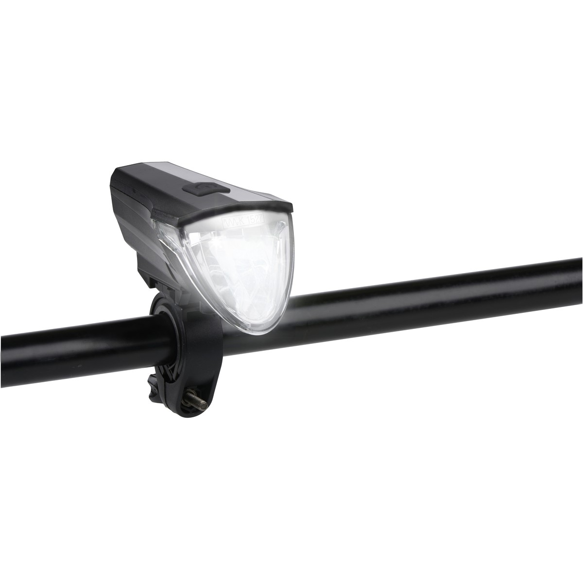 A black bicycle light is attached to a black handlebar.