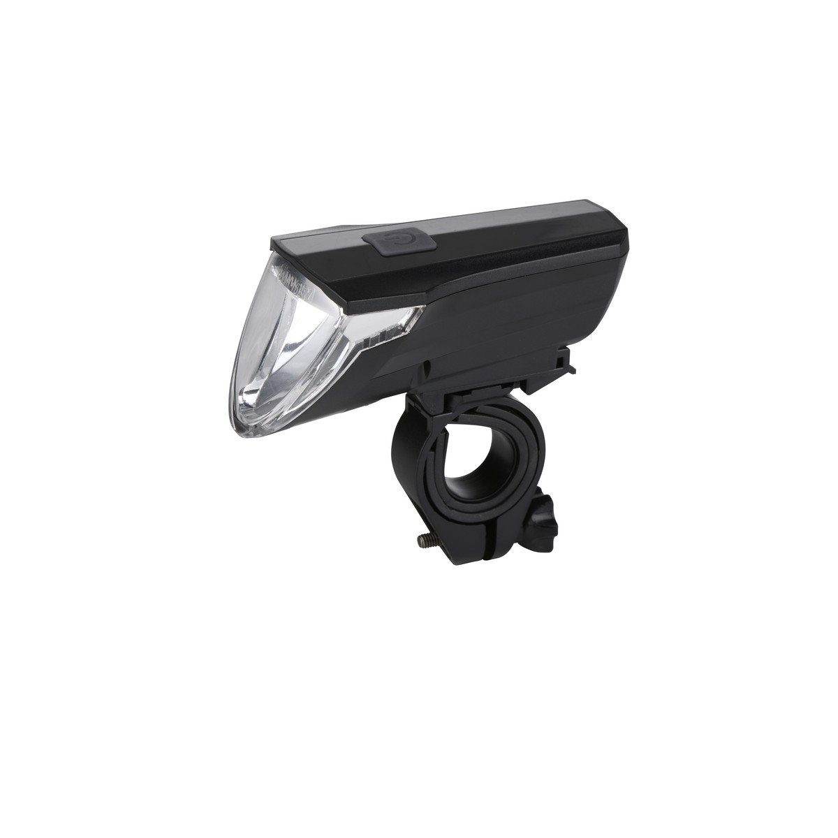 Black bicycle light with handlebar mount, isolated on a white background.