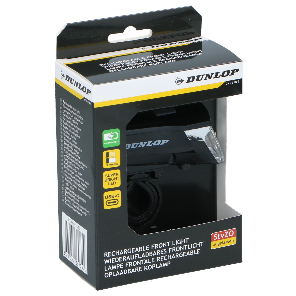 Packaging for a Dunlop rechargeable front bicycle light with USB-C.