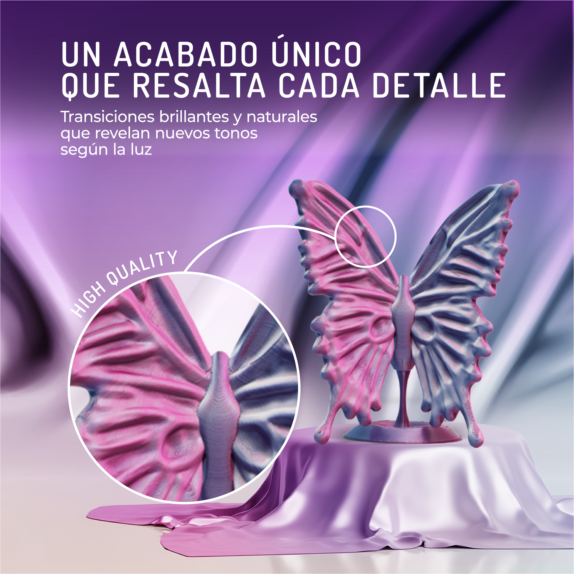 Acabado único resalta cada detalle. Transiciones brillantes revelan nuevos tonos.