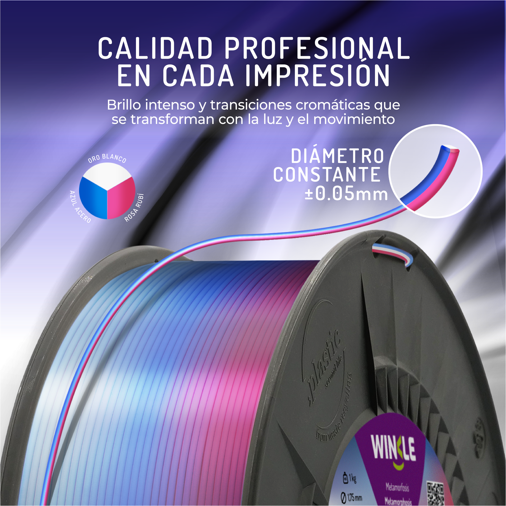 Una bobina de filamento para impresora 3D en colores azul, rosa y blanco.