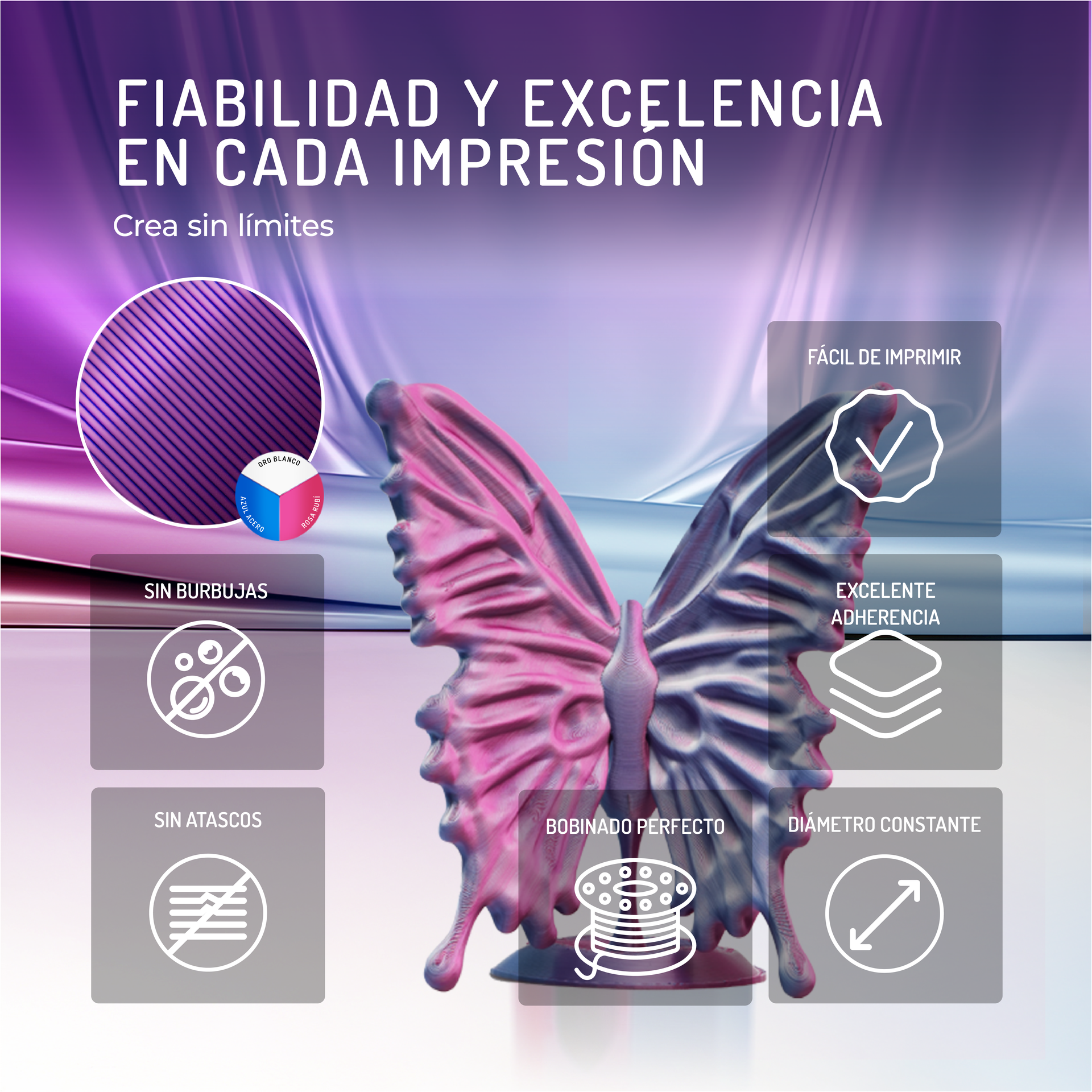 Escultura de mariposa con superposiciones de texto que resaltan cualidades.