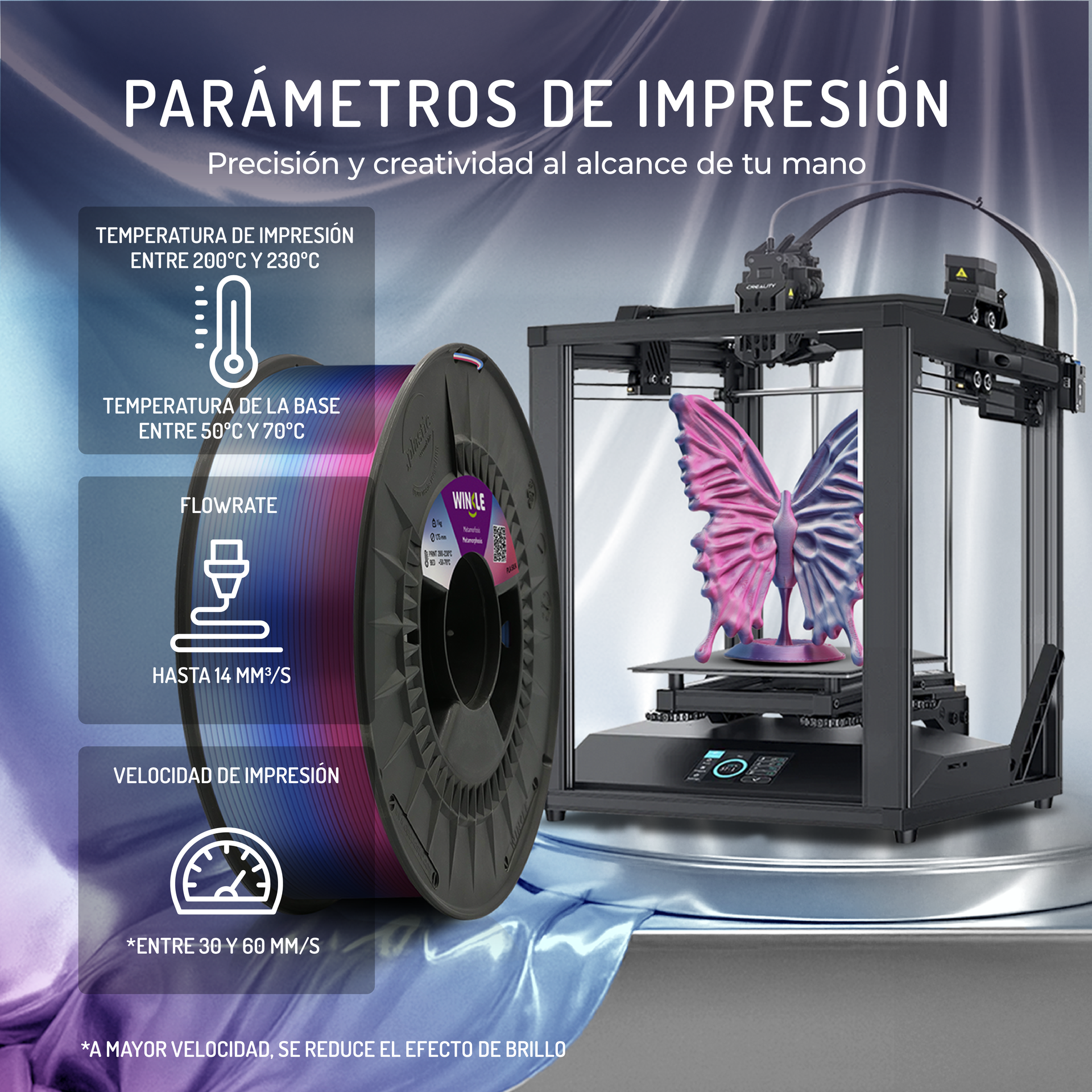 Impresora 3D con impresión de mariposa, rollo de filamento y parámetros.