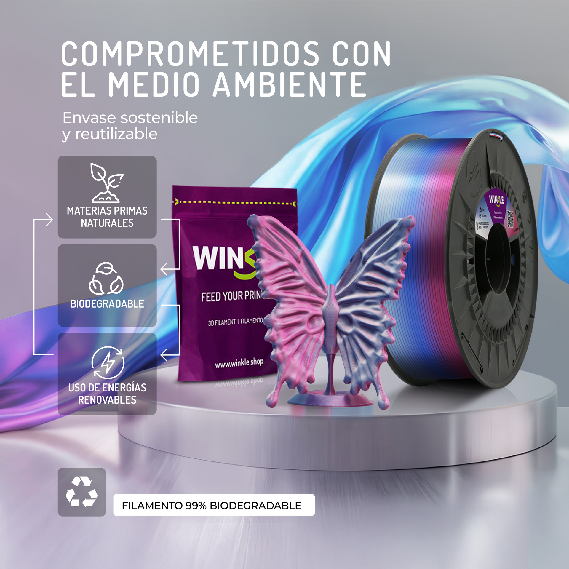 Bobina de filamento 3D con mariposa, morada y azul.