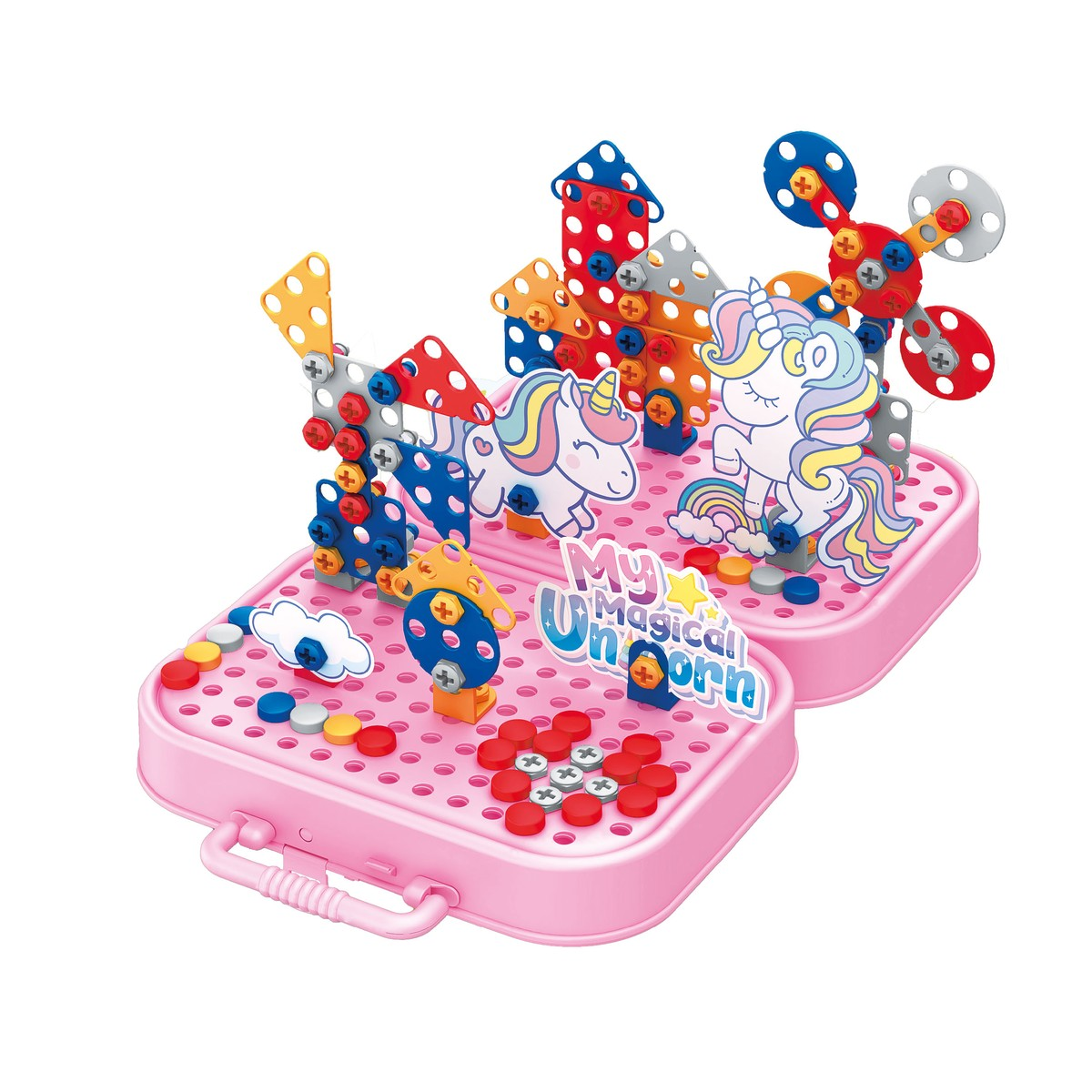 Colorful construction with unicorns on pink trays, built with blocks and screws.