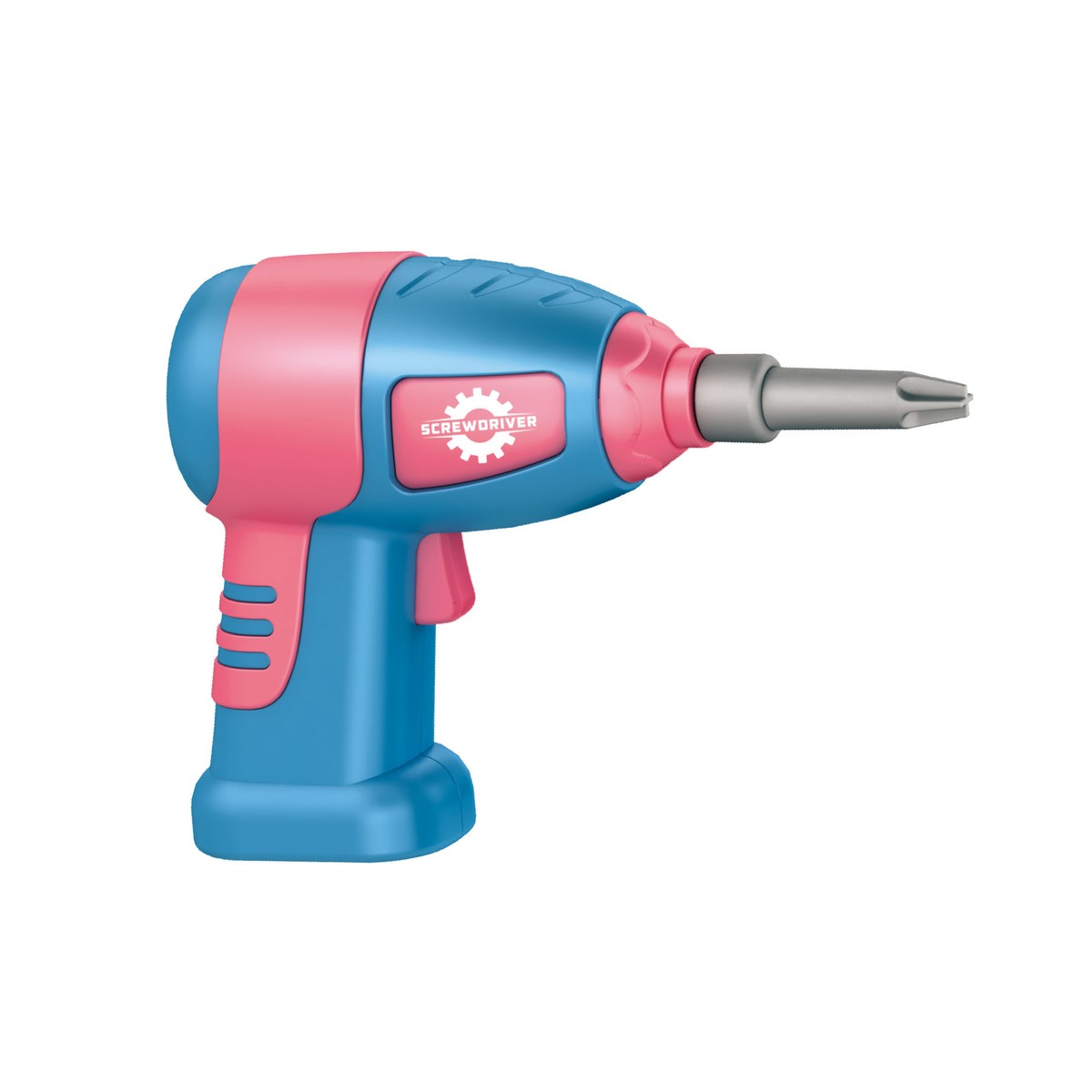 A blue and pink toy screwdriver with a silver bit.