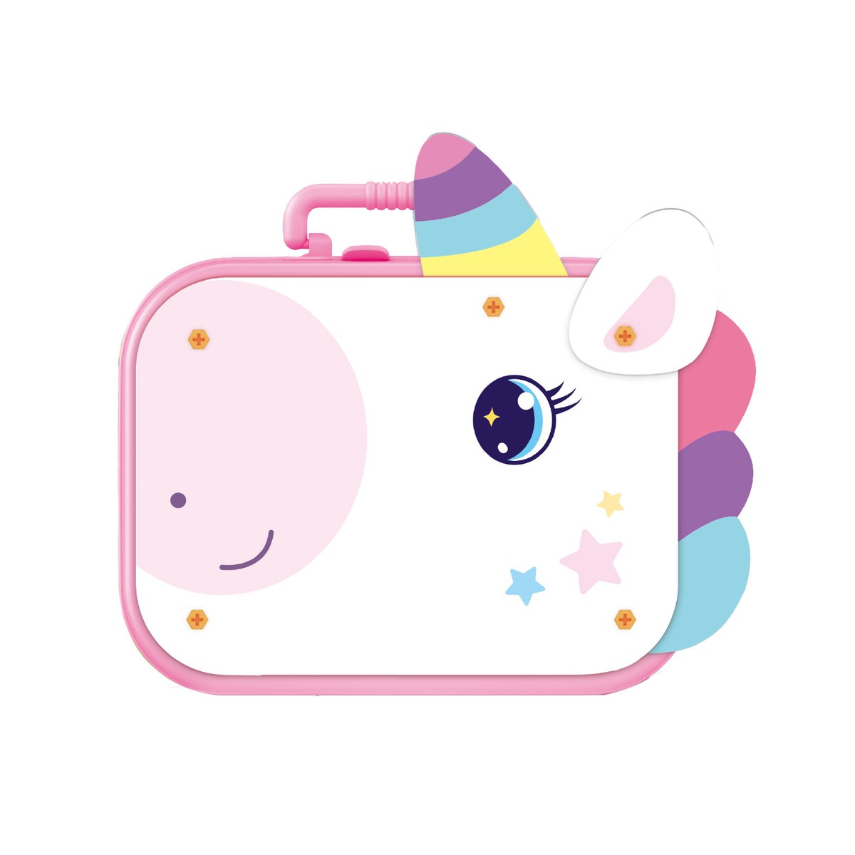 A pink suitcase with a unicorn design, rainbow horn, and ears.