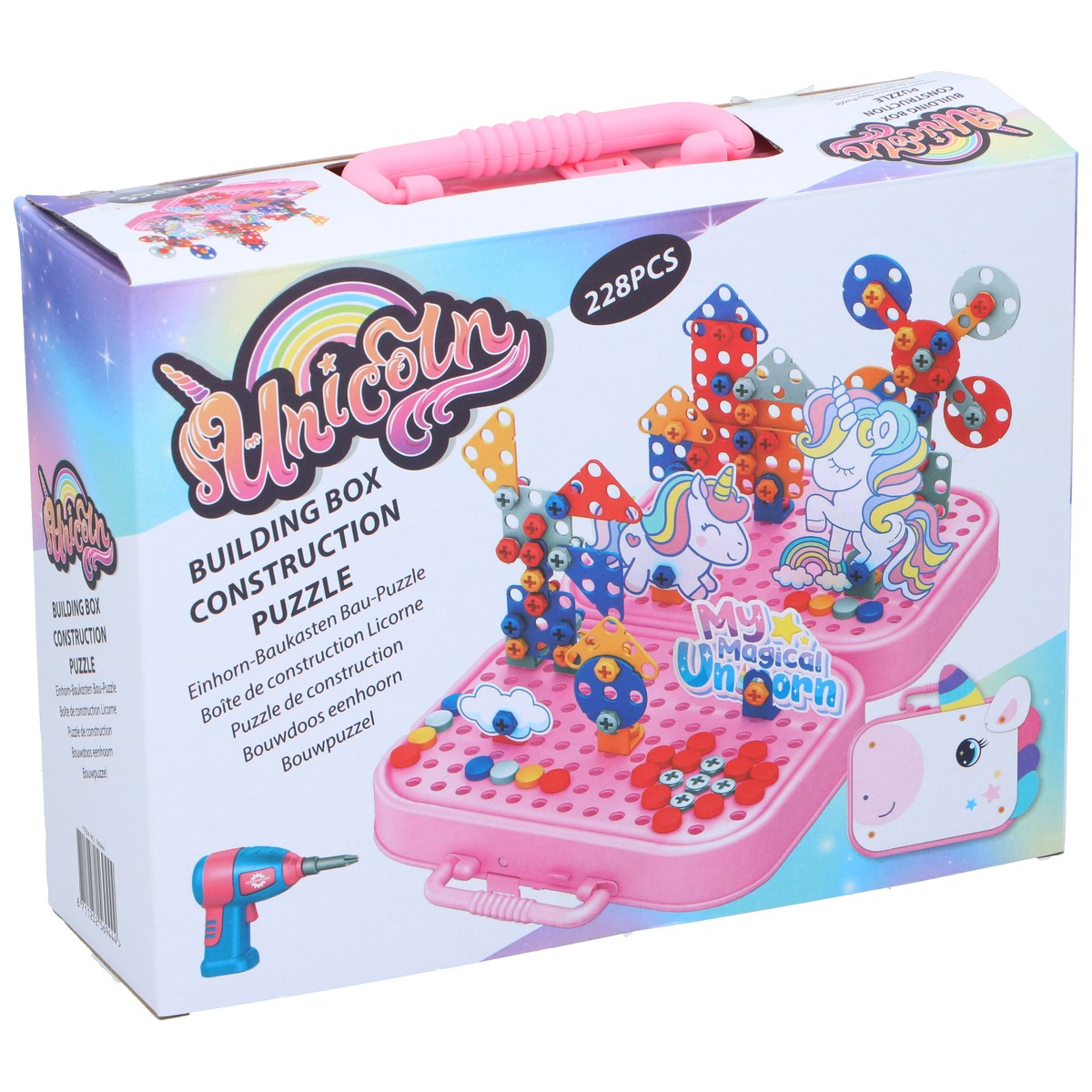 Colorful box with unicorn building blocks, screws, drill, and construction pieces.