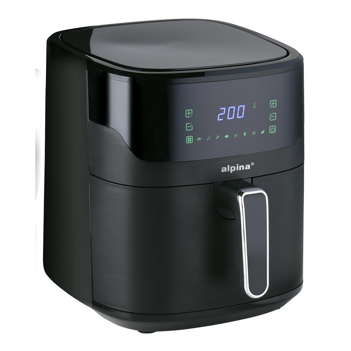 Black Alpina air fryer with digital display and handle.