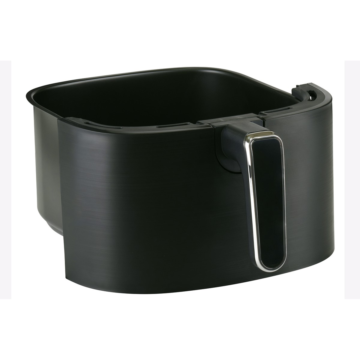 Black air fryer basket with handle, brushed metal finish.