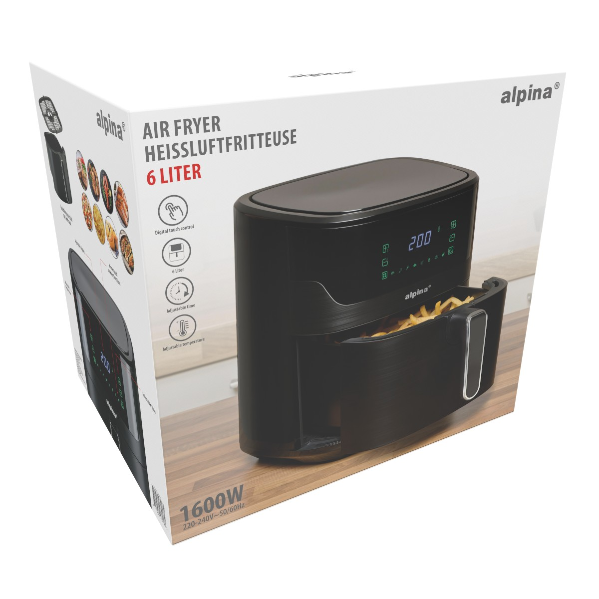 Black 6-liter Alpina air fryer with digital controls and french fries.