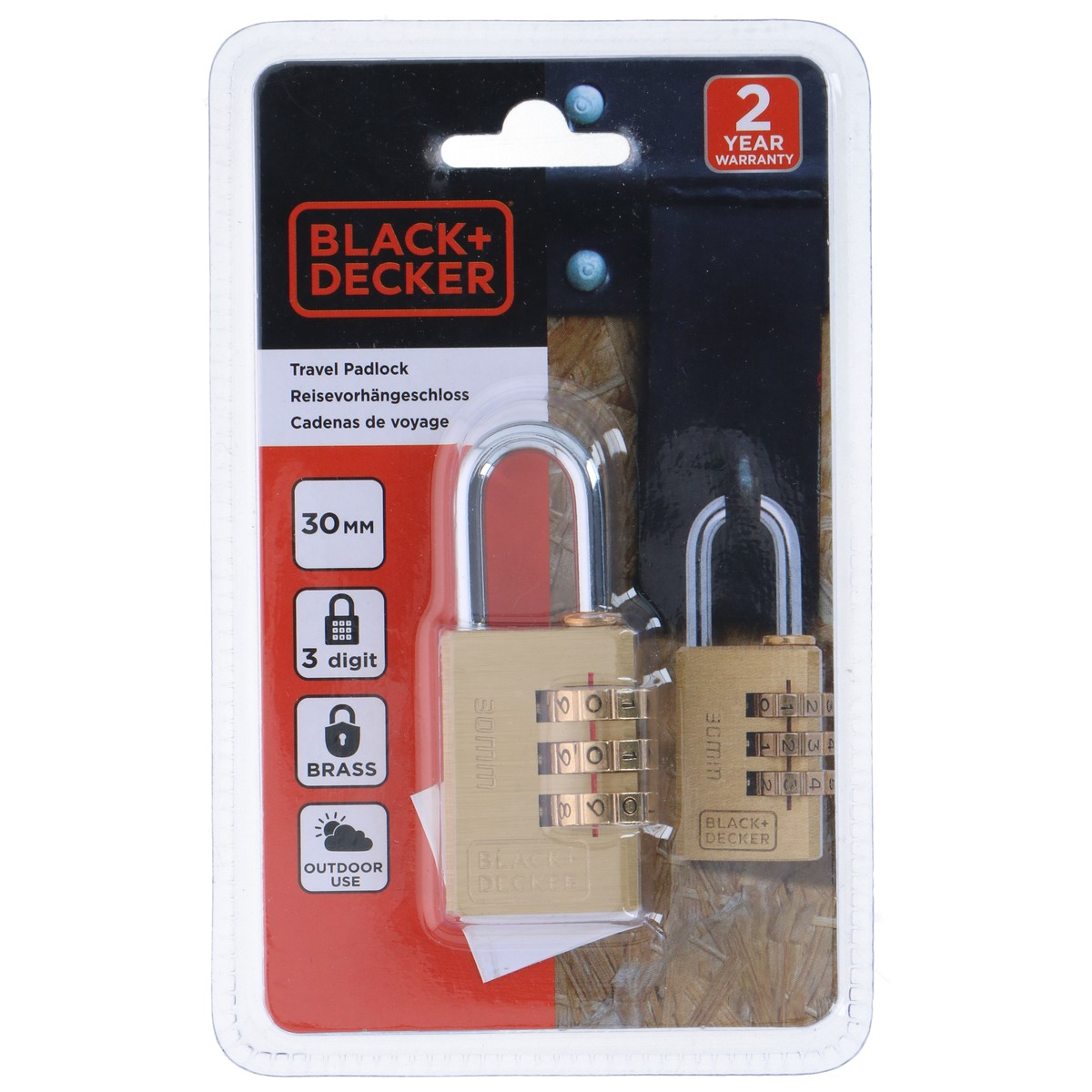 Two brass 30mm Black+Decker travel padlocks with 3-digit combination locks.