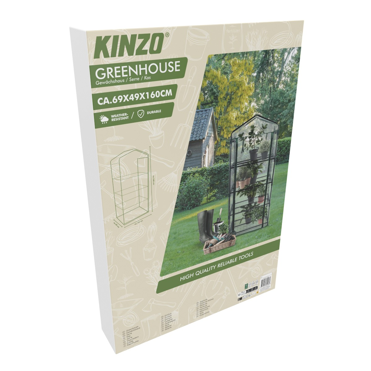 Kinzo greenhouse with plants, dimensions 69x49x160cm, weather-resistant and durable.