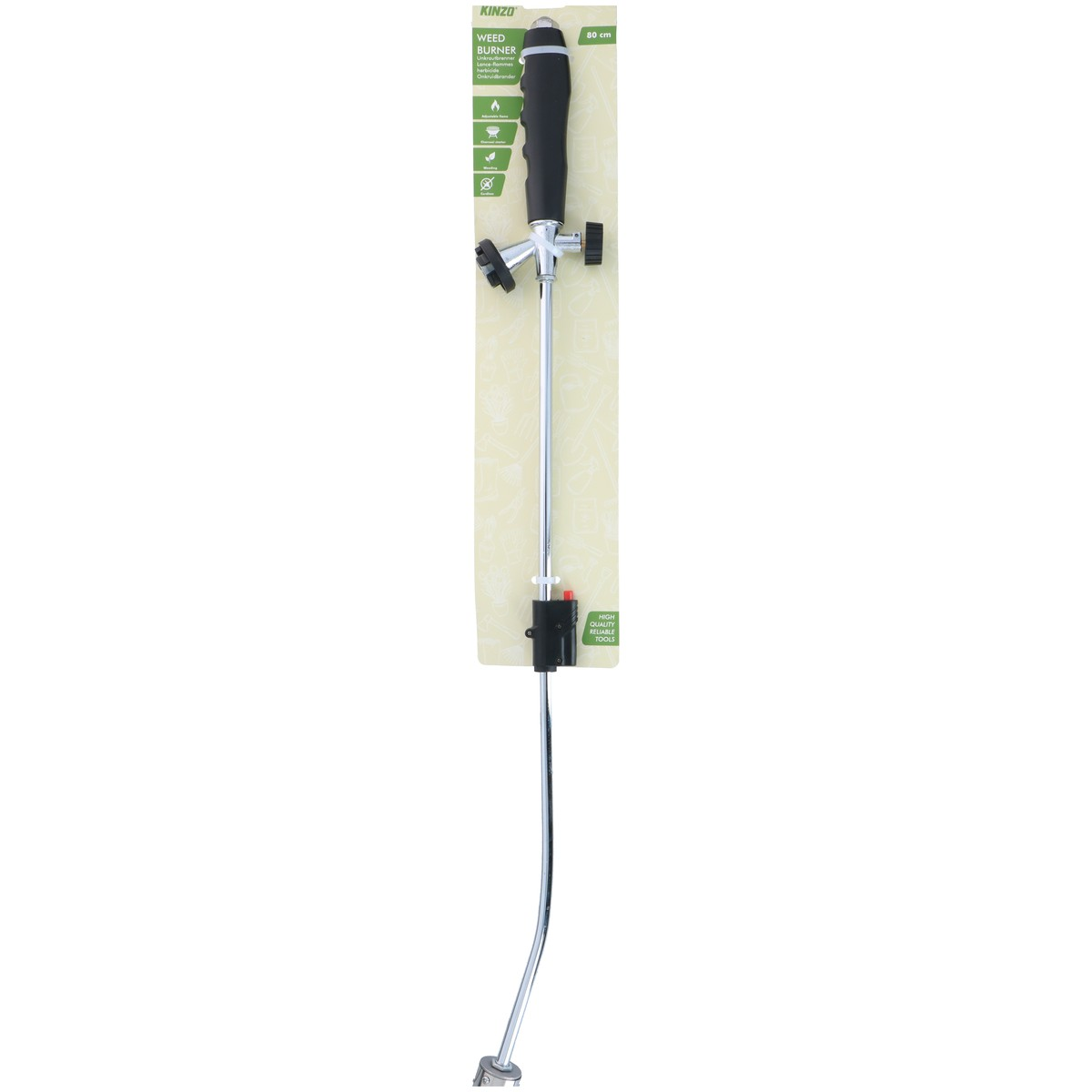 Un désherbeur thermique avec manche noir et tube métallique sur emballage.