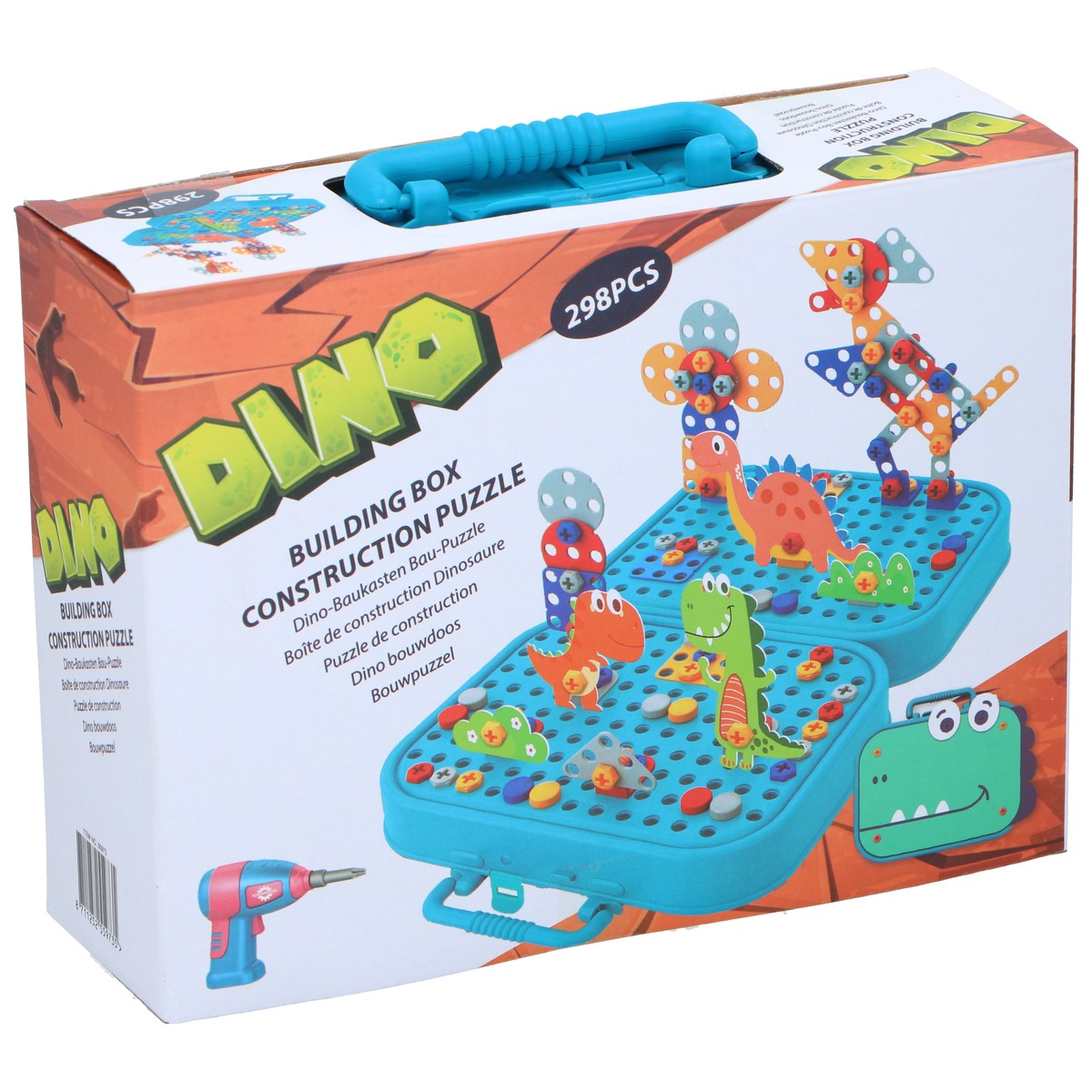 Toy construction set with dinosaurs and tools, colorful pieces, for children.