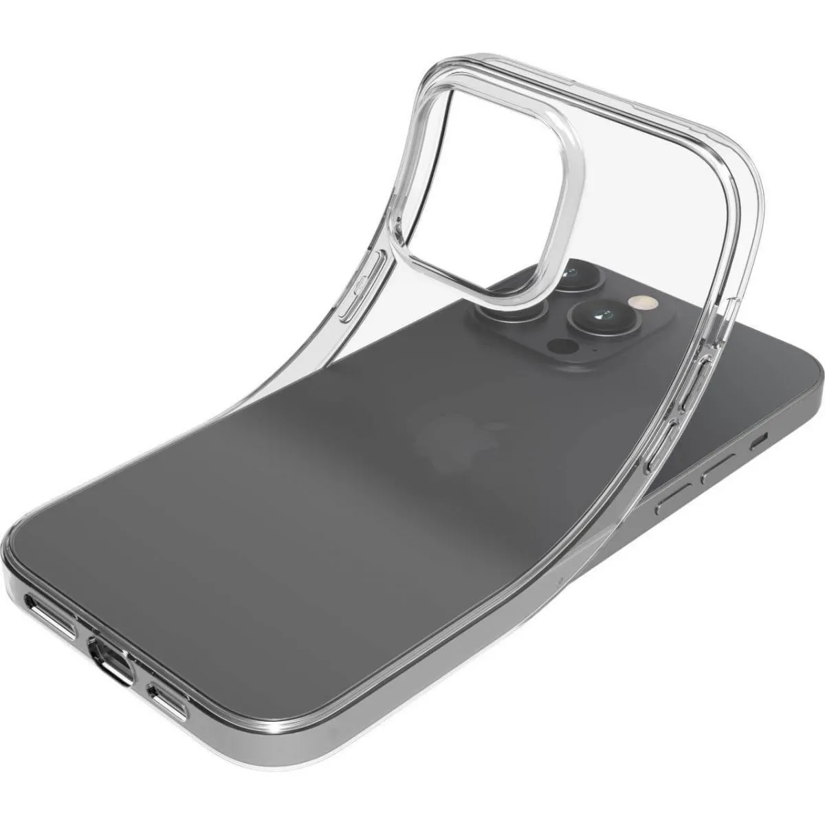 Una custodia trasparente per telefono è mostrata su uno smartphone grigio scuro su sfondo bianco.