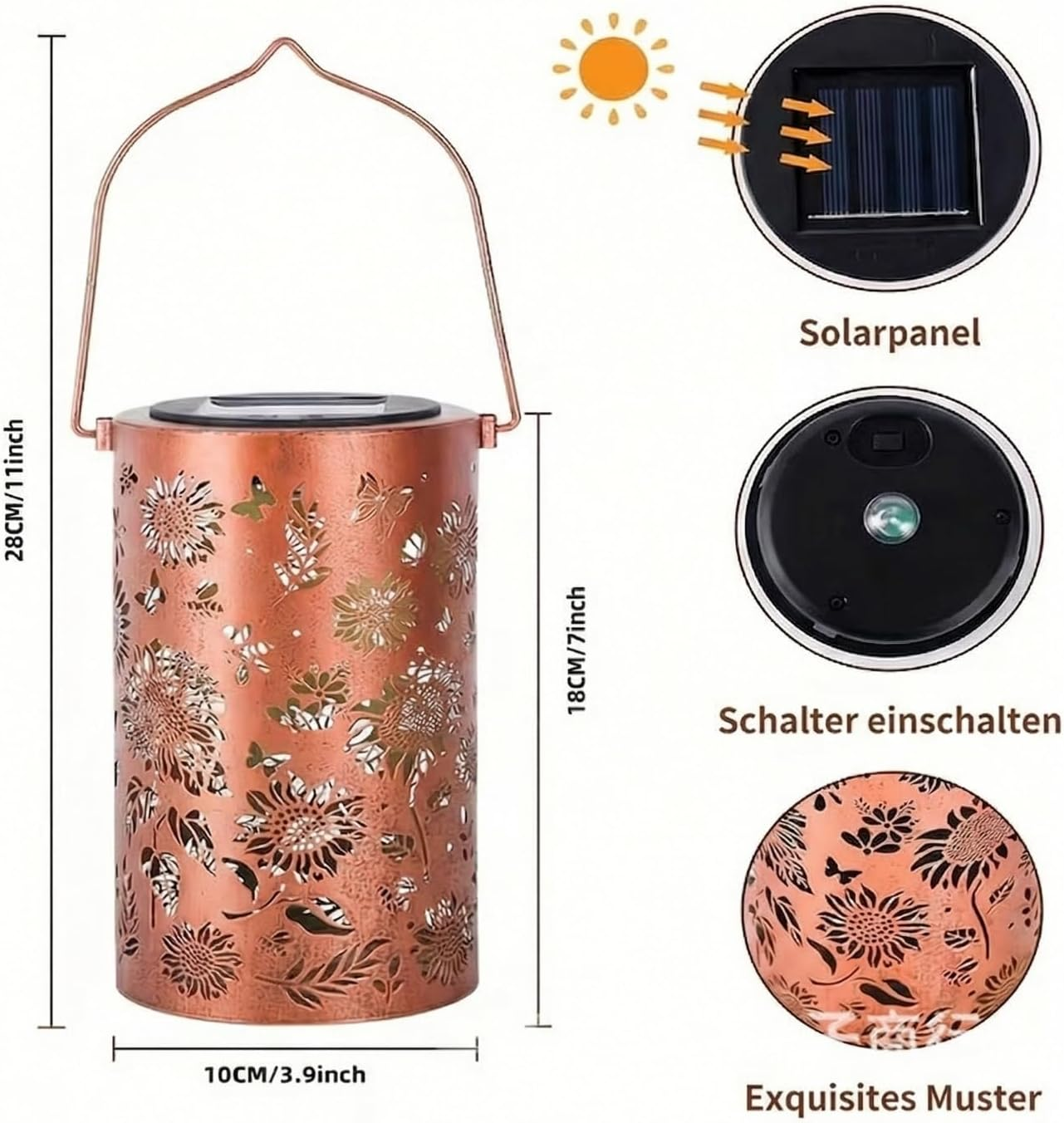 Kupferfarbene Solarlaterne mit Blumen- und Schmetterlingsmuster, Maße sind angegeben.