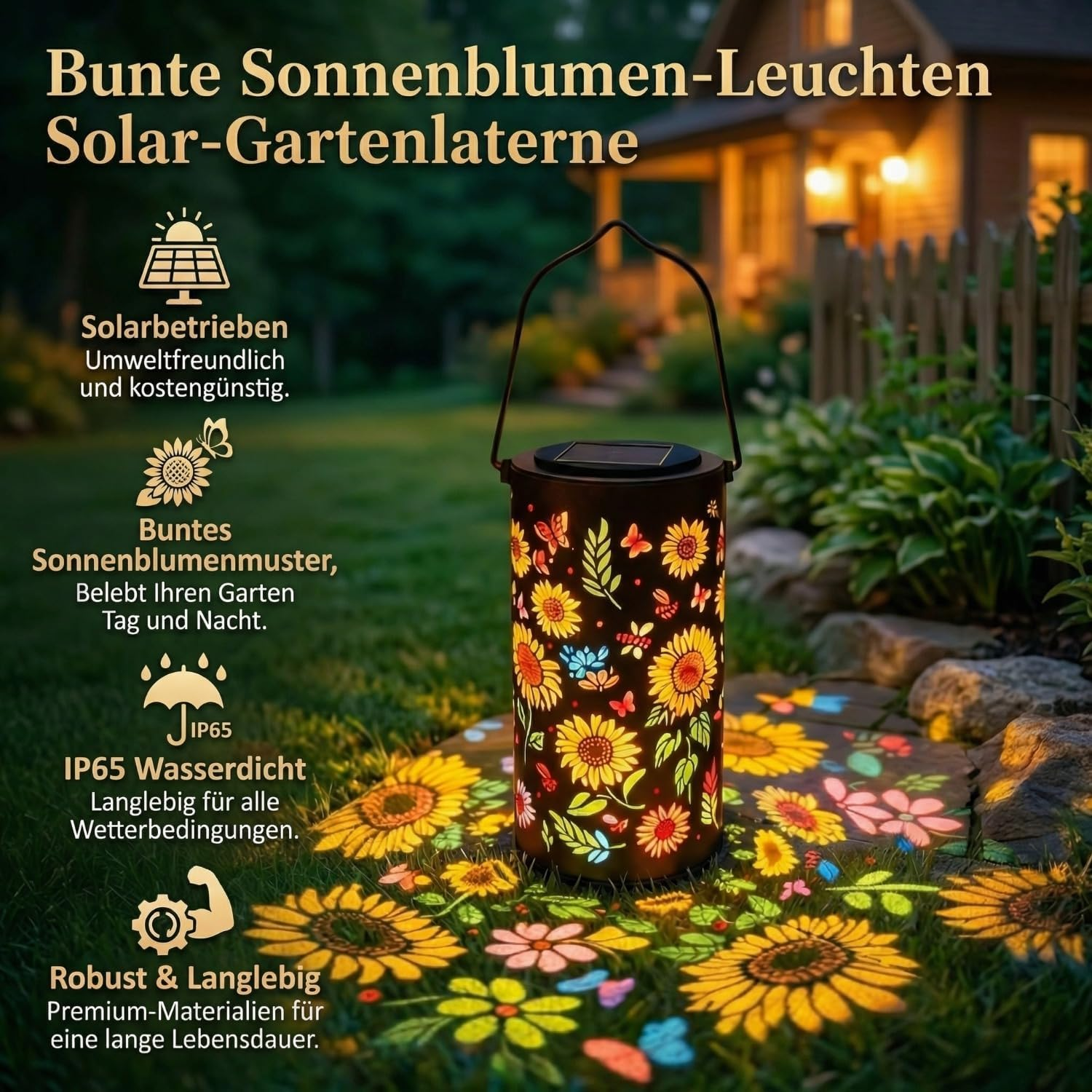 Eine Solar-Gartenlaterne mit Sonnenblumenmuster beleuchtet den Garten mit bunten Schatten.