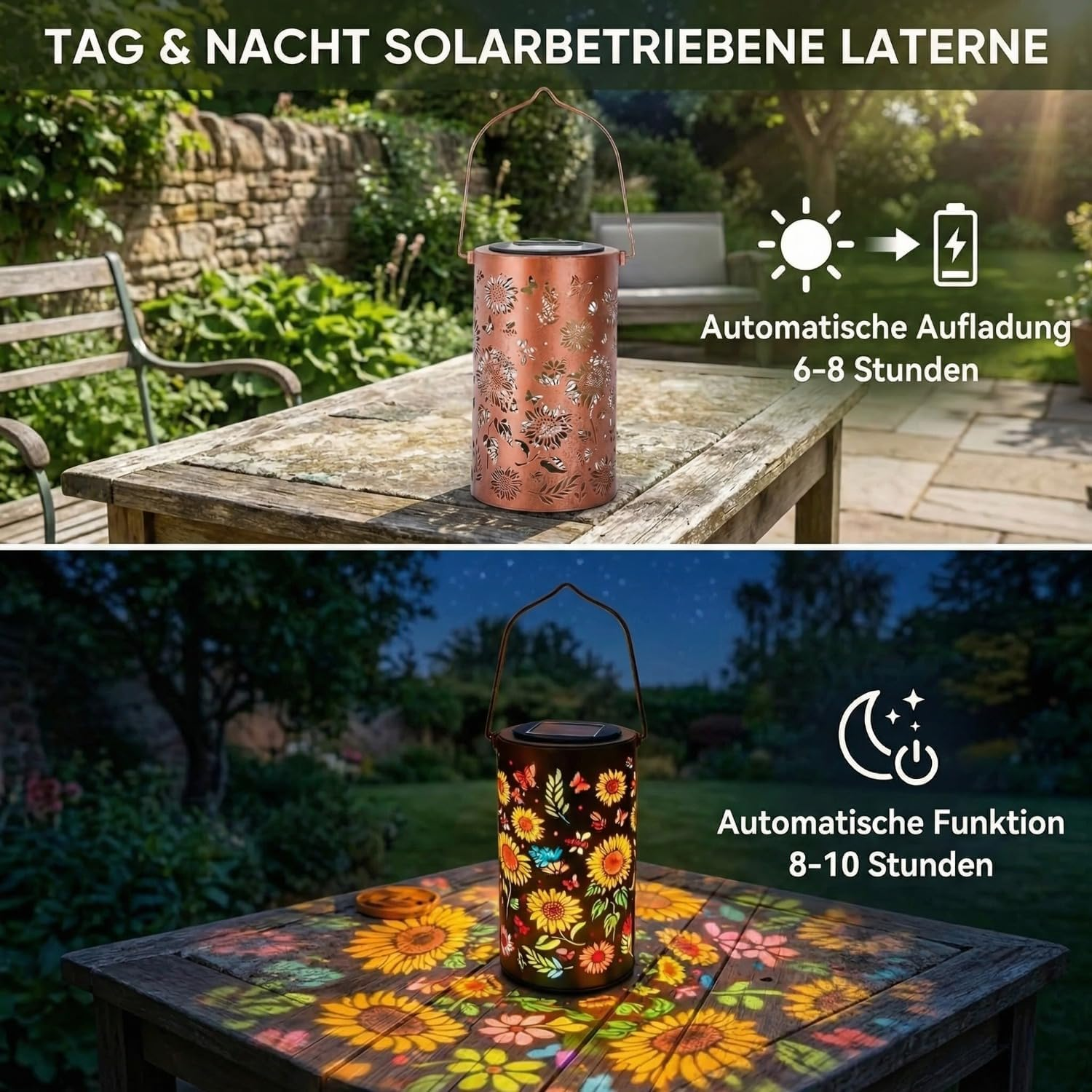 Solar Laterne am Tag und Nacht. Tagsüber lädt sie auf, nachts leuchtet sie.