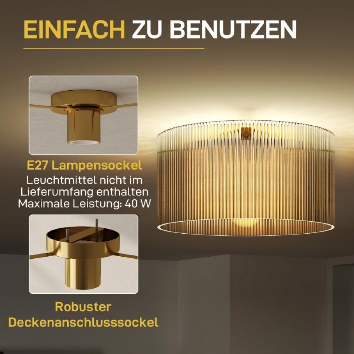 Goldene Deckenleuchte mit geripptem Lampenschirm. Nahaufnahmen zeigen Sockel.