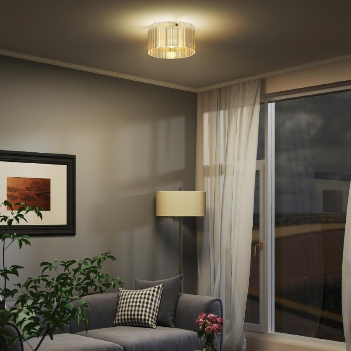 Ein Wohnzimmer mit Sofa, Lampe, Bild und Deckenleuchte.