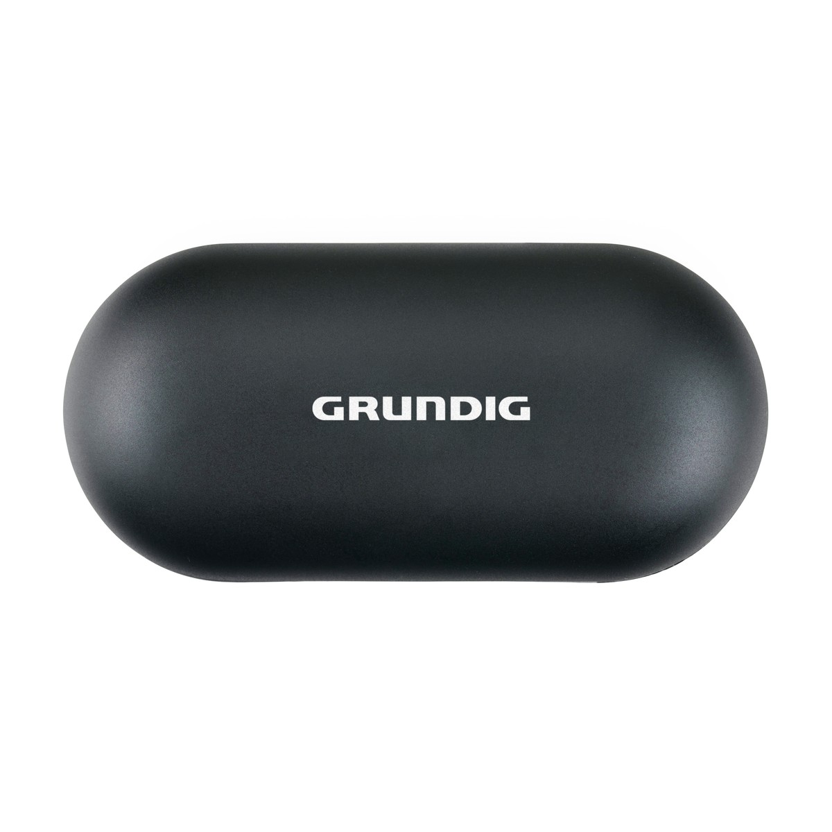 Schwarzes, abgerundetes Ladeetui mit weißem GRUNDIG-Logo.