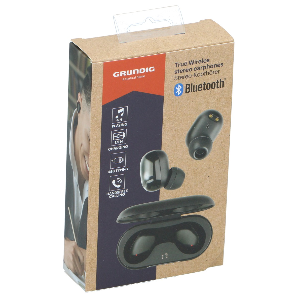 Verpackung von Grundig True Wireless Stereo-Kopfhörern mit Bluetooth.