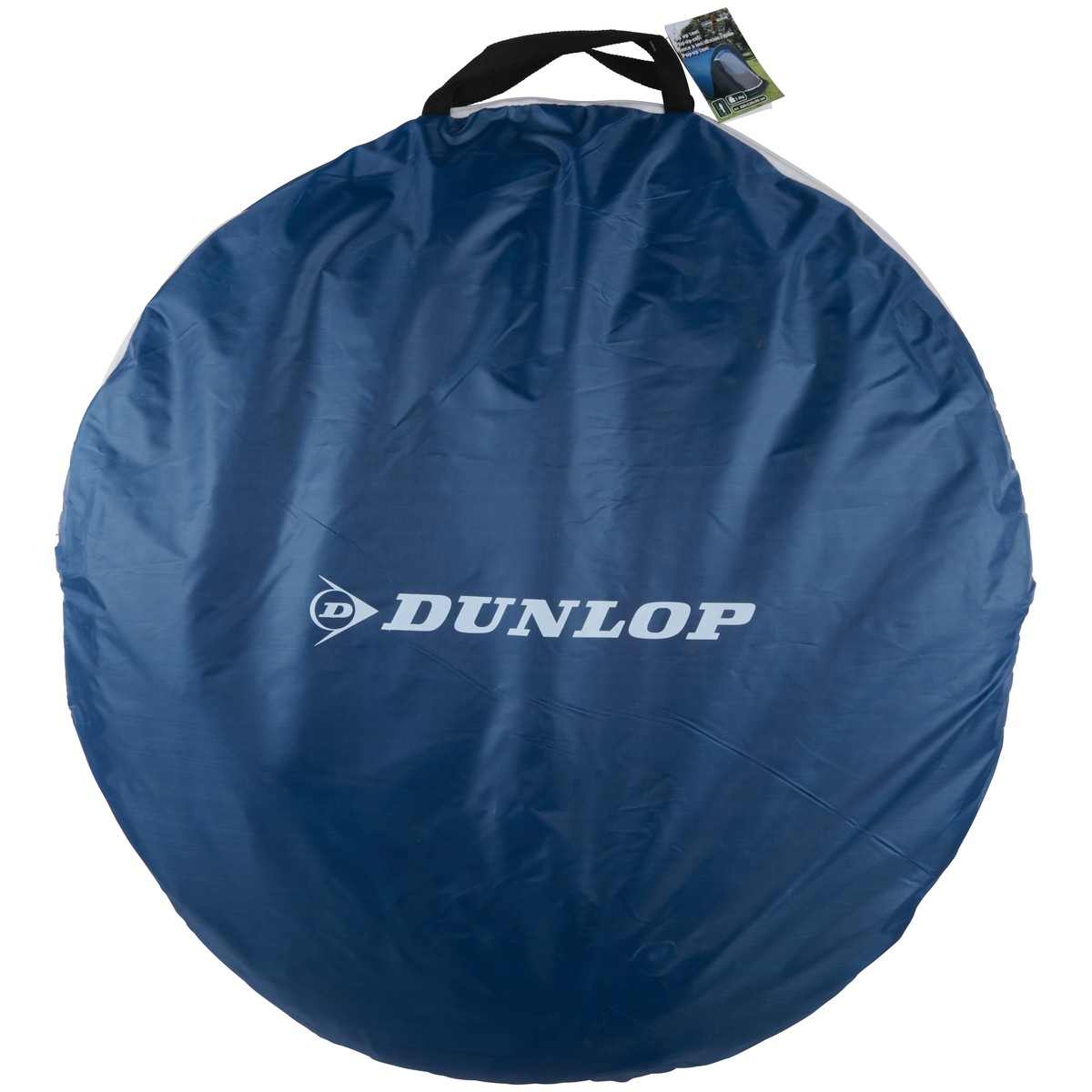 Dunkelblaue Dunlop-Tragetasche für ein Zelt mit Henkel und Etikett.
