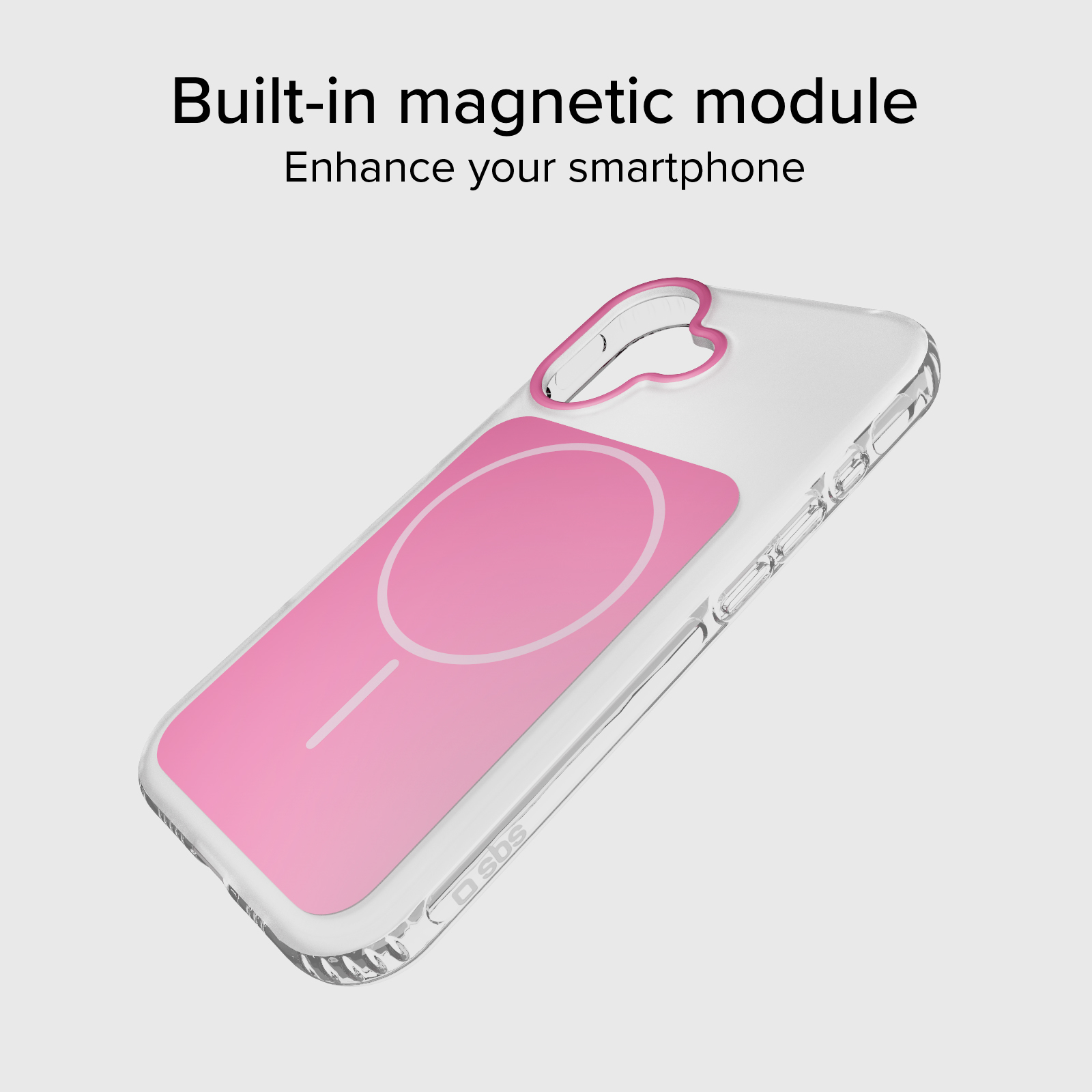 Funda transparente para móvil con módulo magnético rosa y corte de corazón.