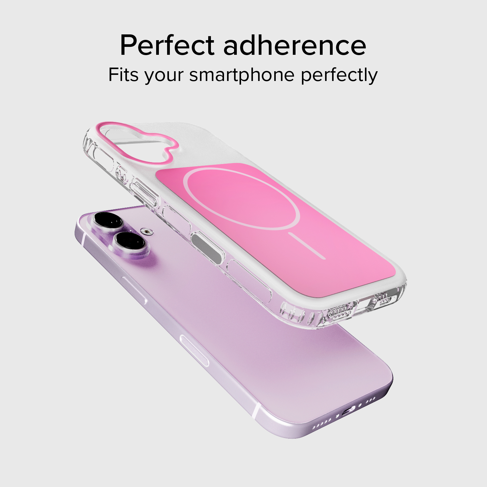 Un smartphone morado con funda transparente y un inserto rosa.