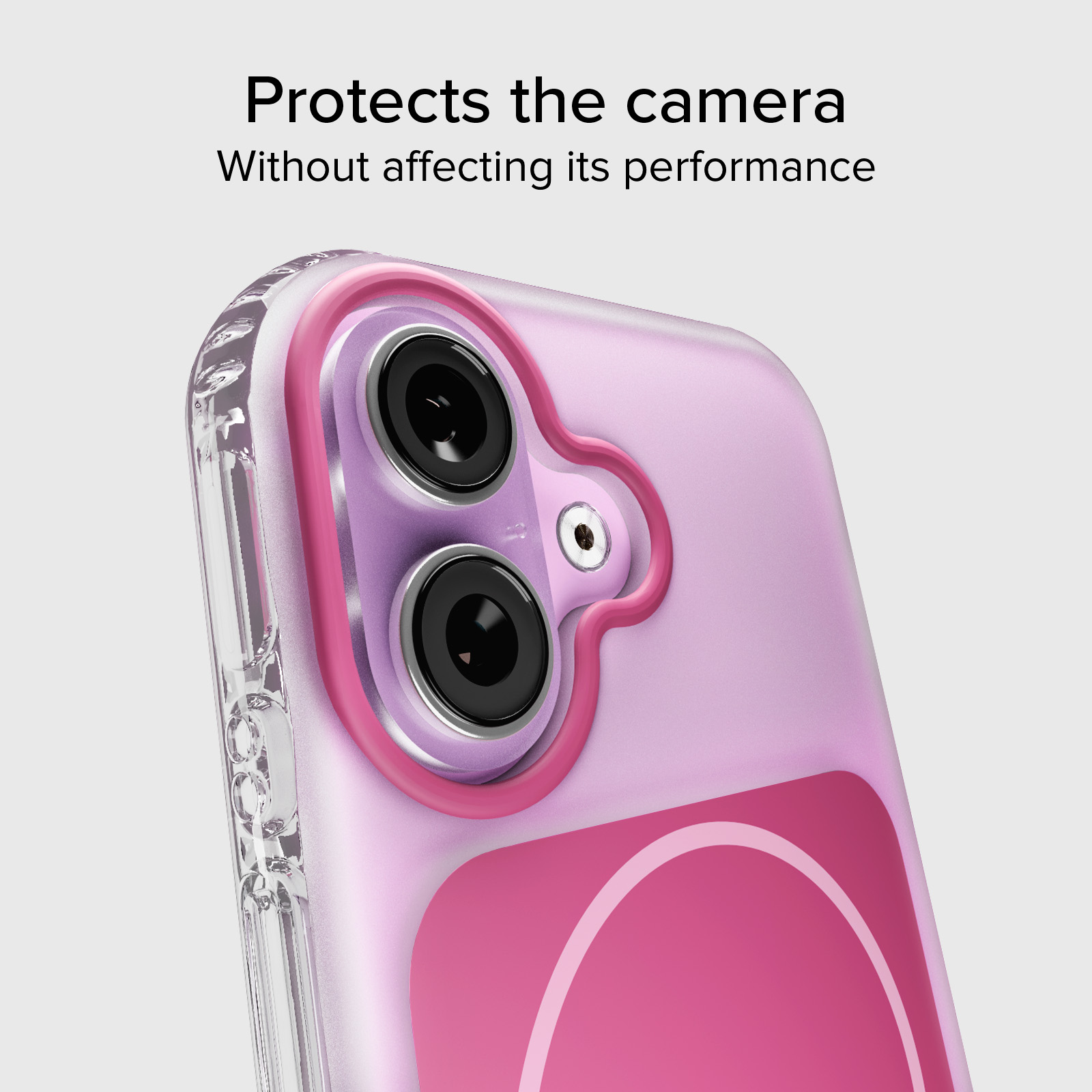Funda morada para teléfono con detalles rosas protege la cámara.