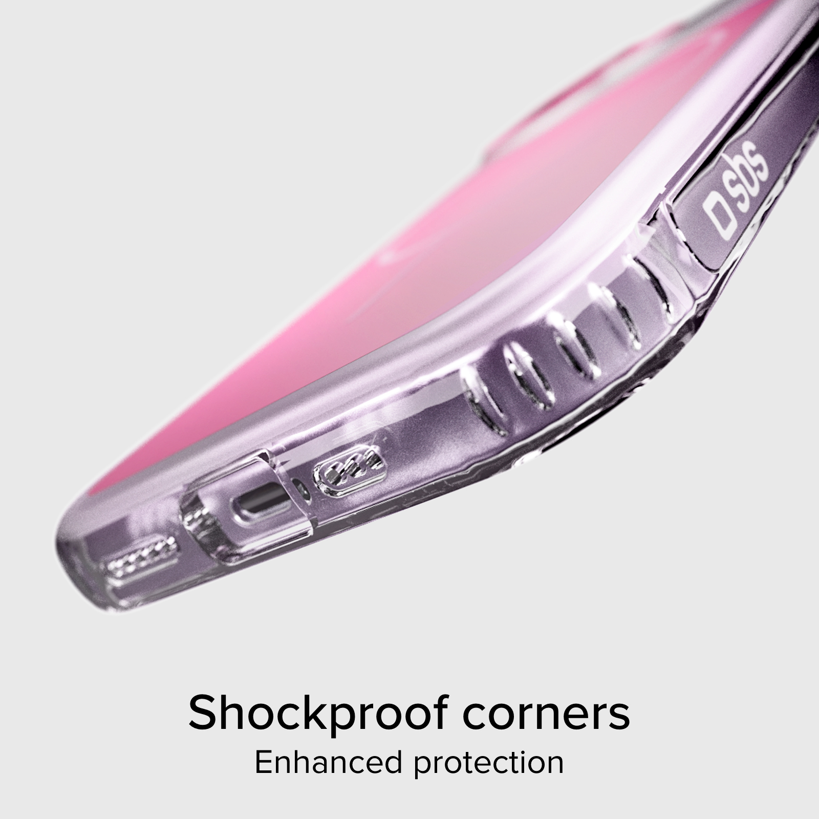 Funda transparente para móvil con fondo rosa y esquinas reforzadas.