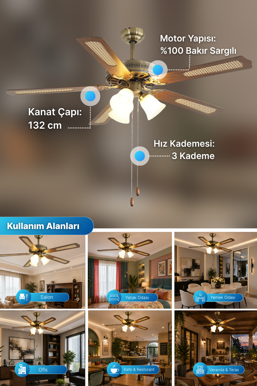 5 ahşap kanatlı, 3 ışıklı, zincirli tavan vantilatörü, 132 cm.