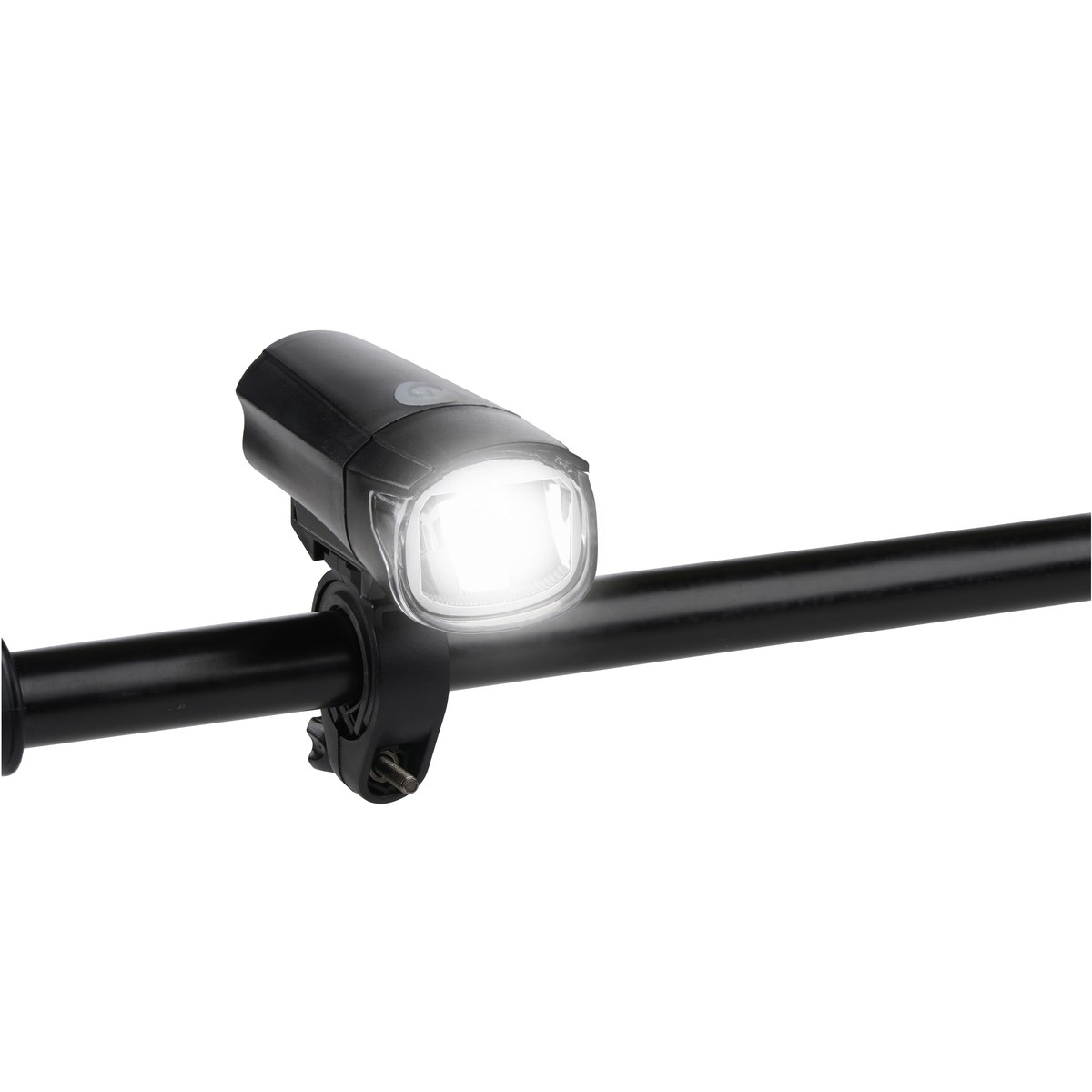 A black bicycle headlight with a bright light is attached to a handlebar.