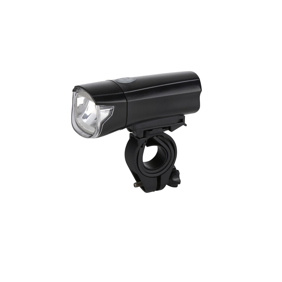 A black bicycle light with a mount, isolated on a white background.
