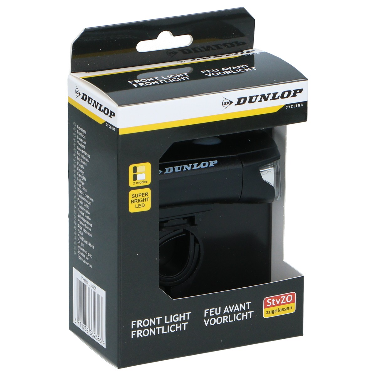Black Dunlop bicycle front light in packaging with multilingual product information.