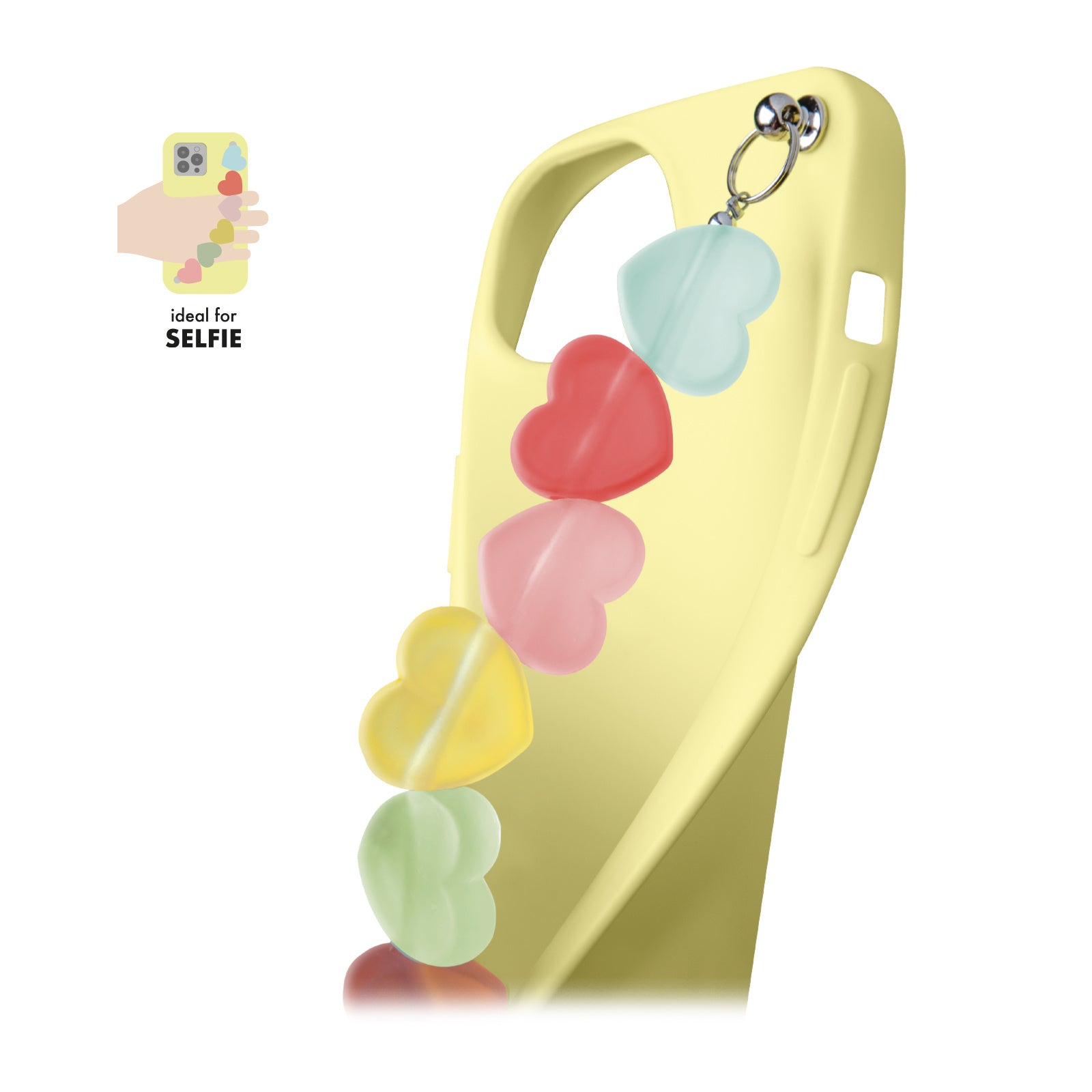 Funda amarilla clara con dijes de corazón coloridos y texto 'ideal for SELFIE'.