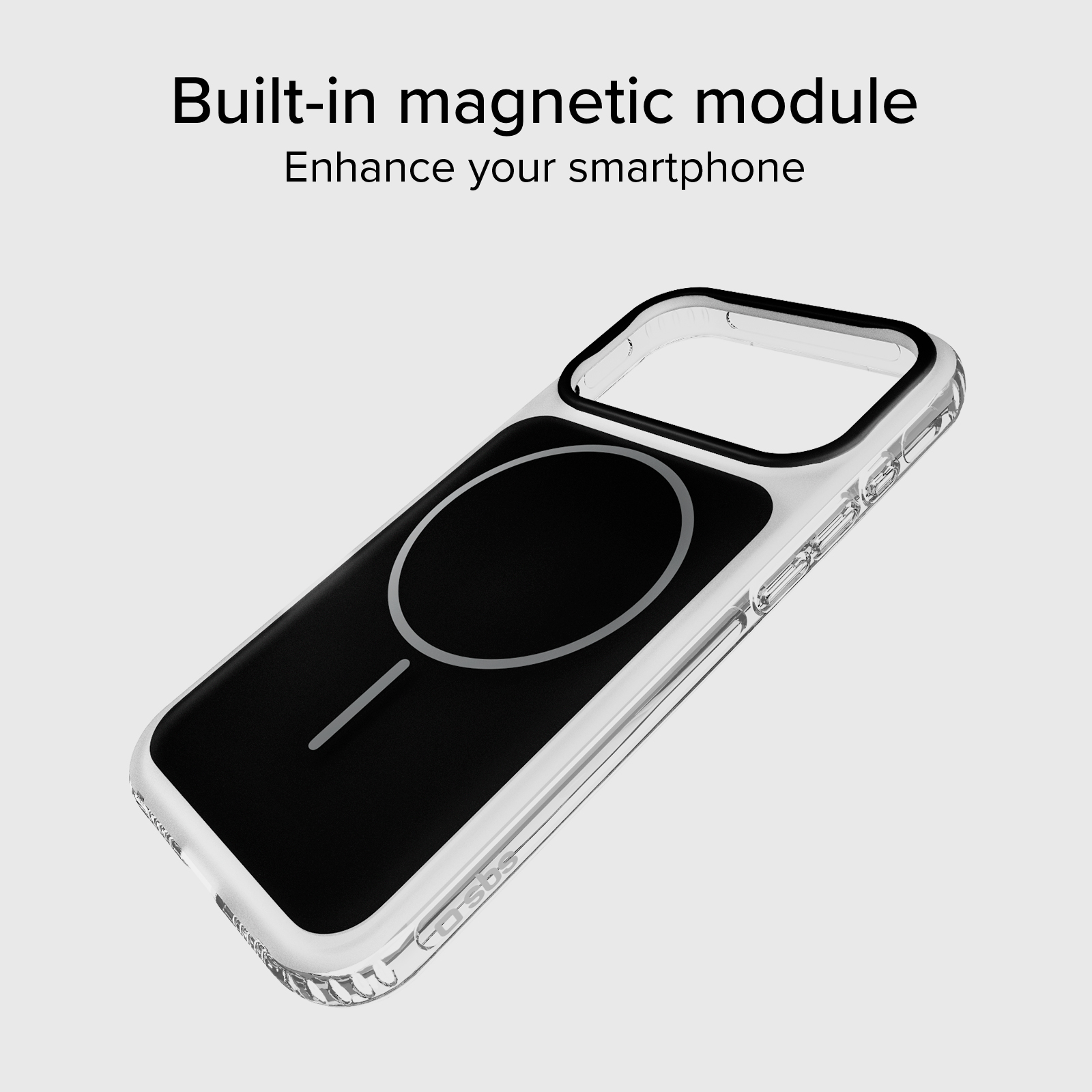 Una funda transparente para teléfono con un círculo magnético negro en la parte posterior.