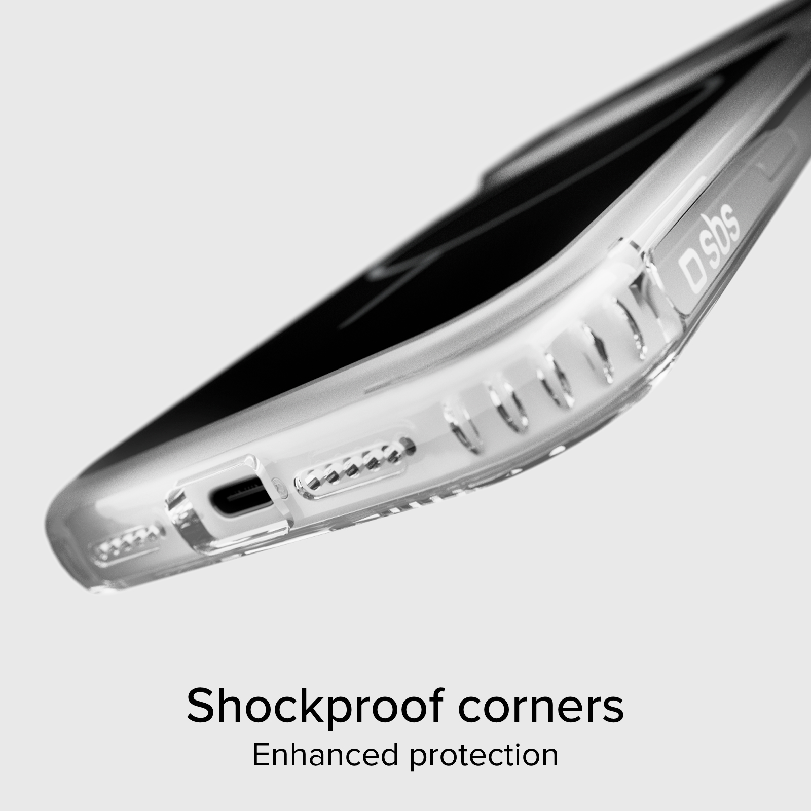 Funda transparente para teléfono con esquinas reforzadas y logo SBS.
