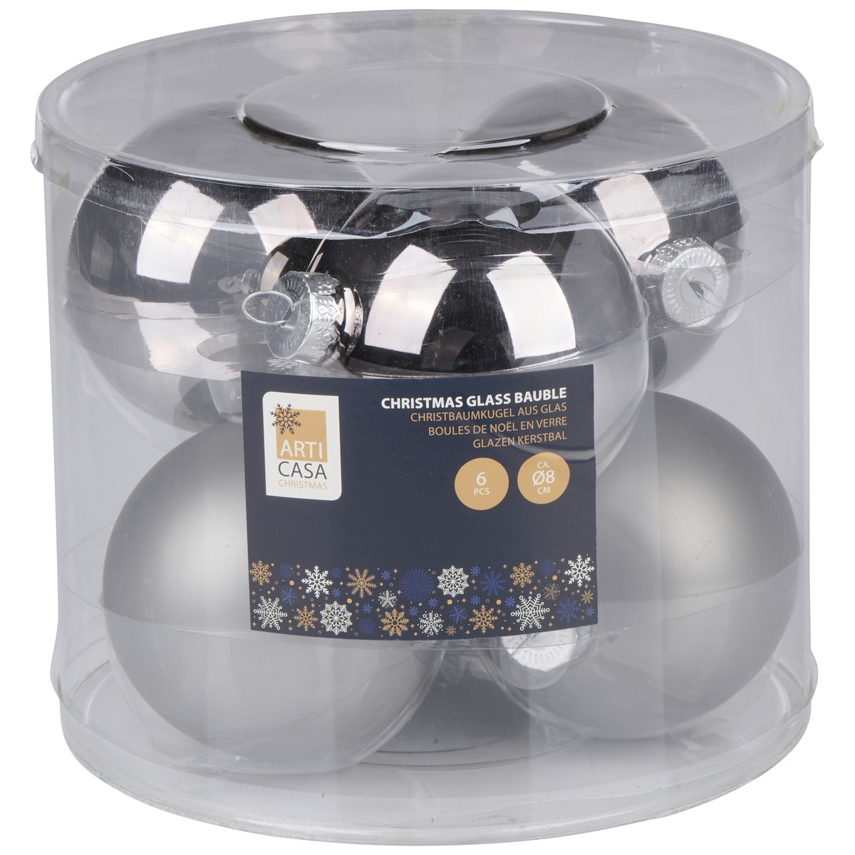 A clear container holding six silver Christmas baubles, three shiny and three matte.