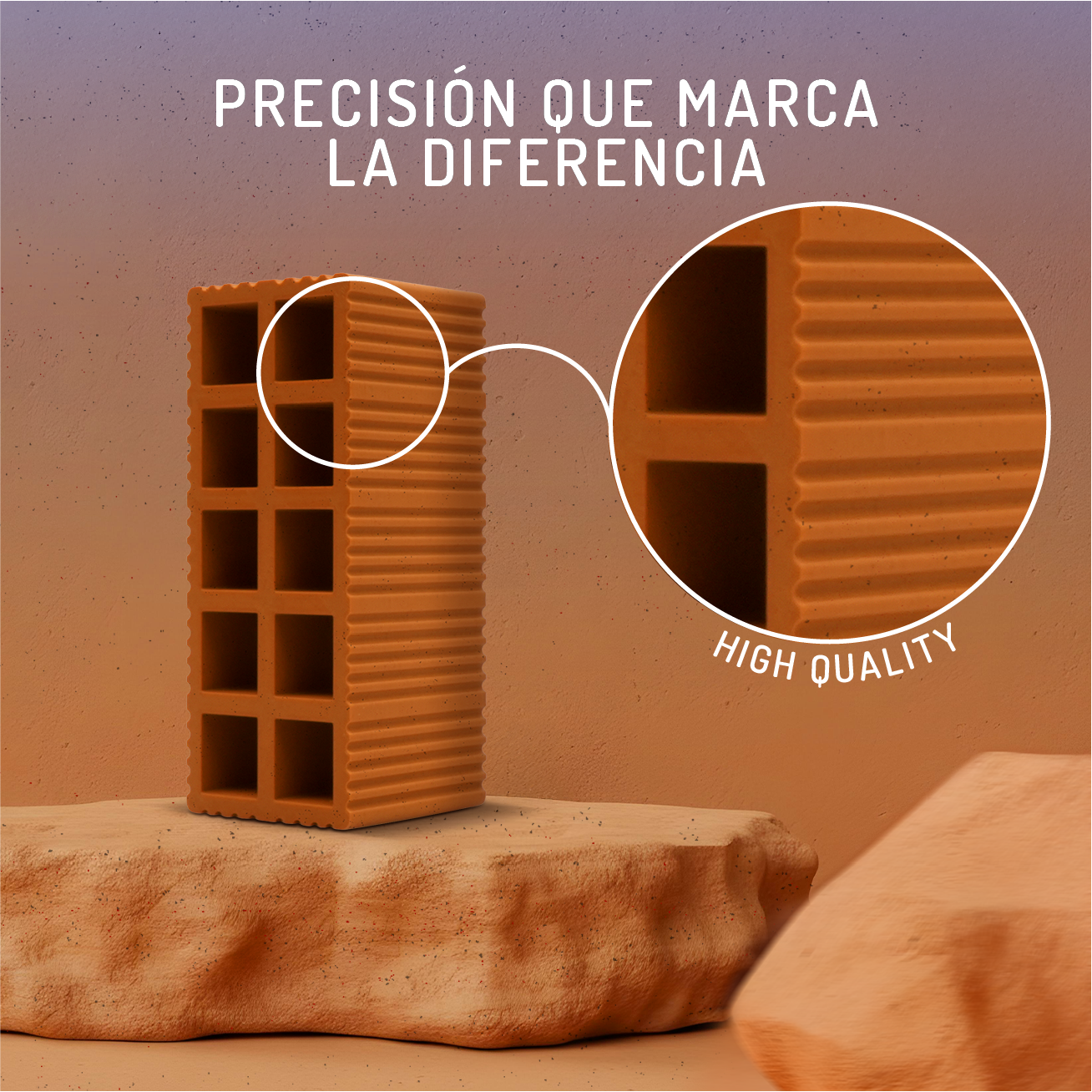 Un ladrillo naranja con huecos cuadrados se alza sobre una piedra.